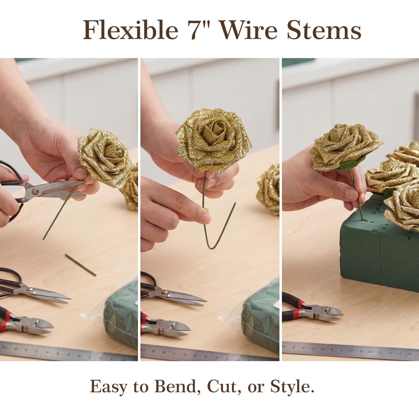 MACTING 30PCS Artificial Flowers Real Touch Foam Roses with Stem Fake Glitter Flowers for DIY Wedding Bouquet Table Centerpieces Party Holiday Wreath Home Graduation Decorations,Gold