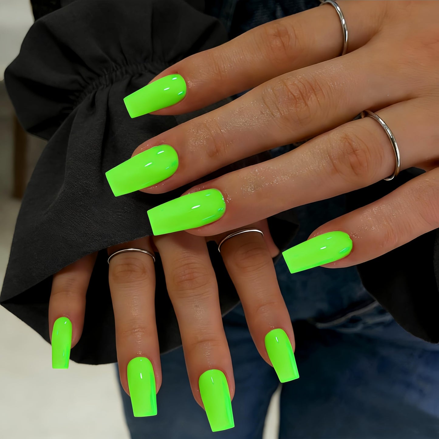 SXVME Press On Nails Long Square - Bright Green Press on Nails with Glue for Women, Natural Simple Fake Nails Press ons Medium, Glossy Soft Gel Glue on Nails Coffin, Reusable Nail Stick Ons, 24 Pcs
