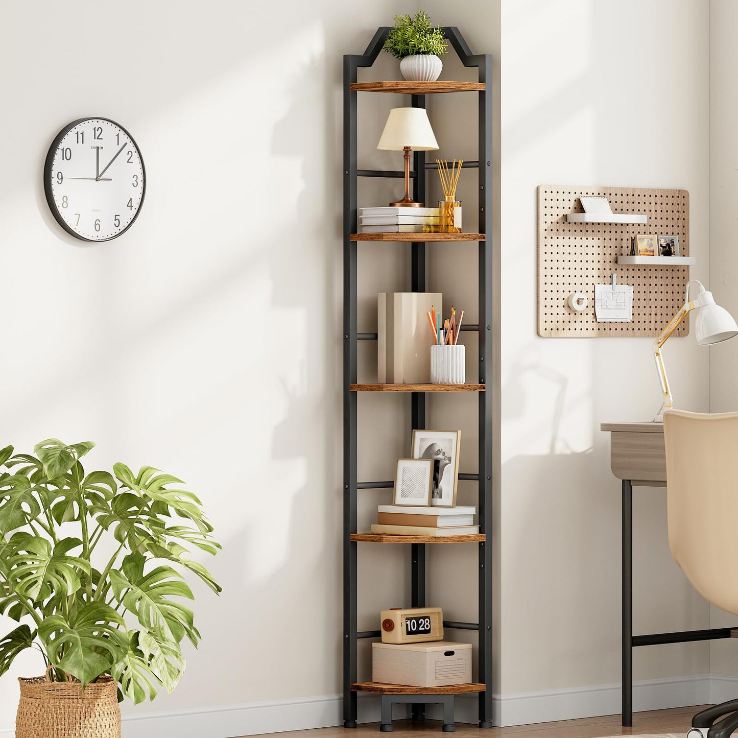 HOOBRO Narrow Corner Shelf Stand, 5-Tier Corner Shelf, 63” Tall Multipurpose Corner Bookshelf, Standing Display Shelf Plant Stand, for Living Room, Study, Kitchen, Rustic Brown and Black BF100CJ01
