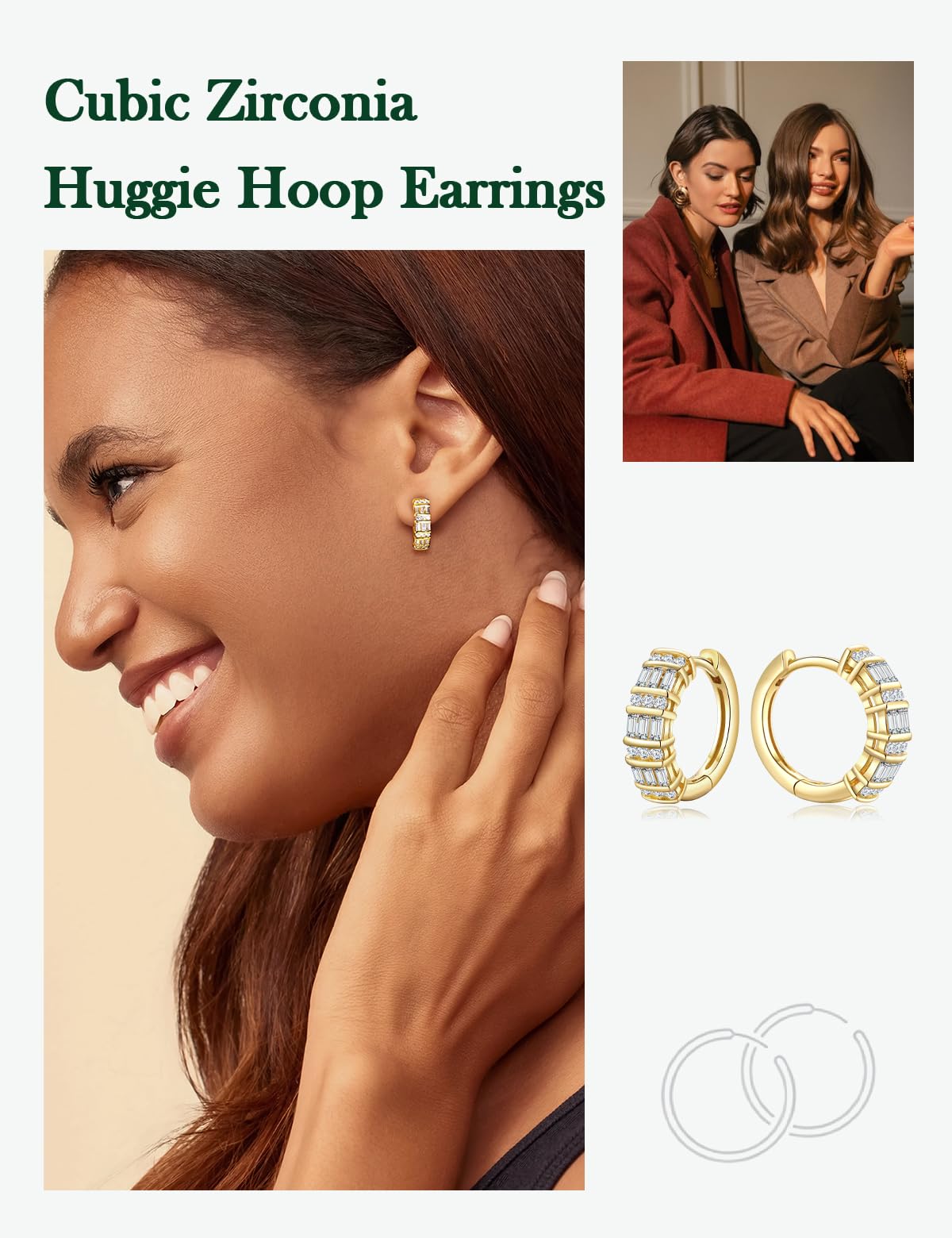 RANDES 14K Gold Plated Cubic Zirconia Small Hoop Earrings for Women Silver Created-Diamond Earring Thick Huggie Hoop Earrings