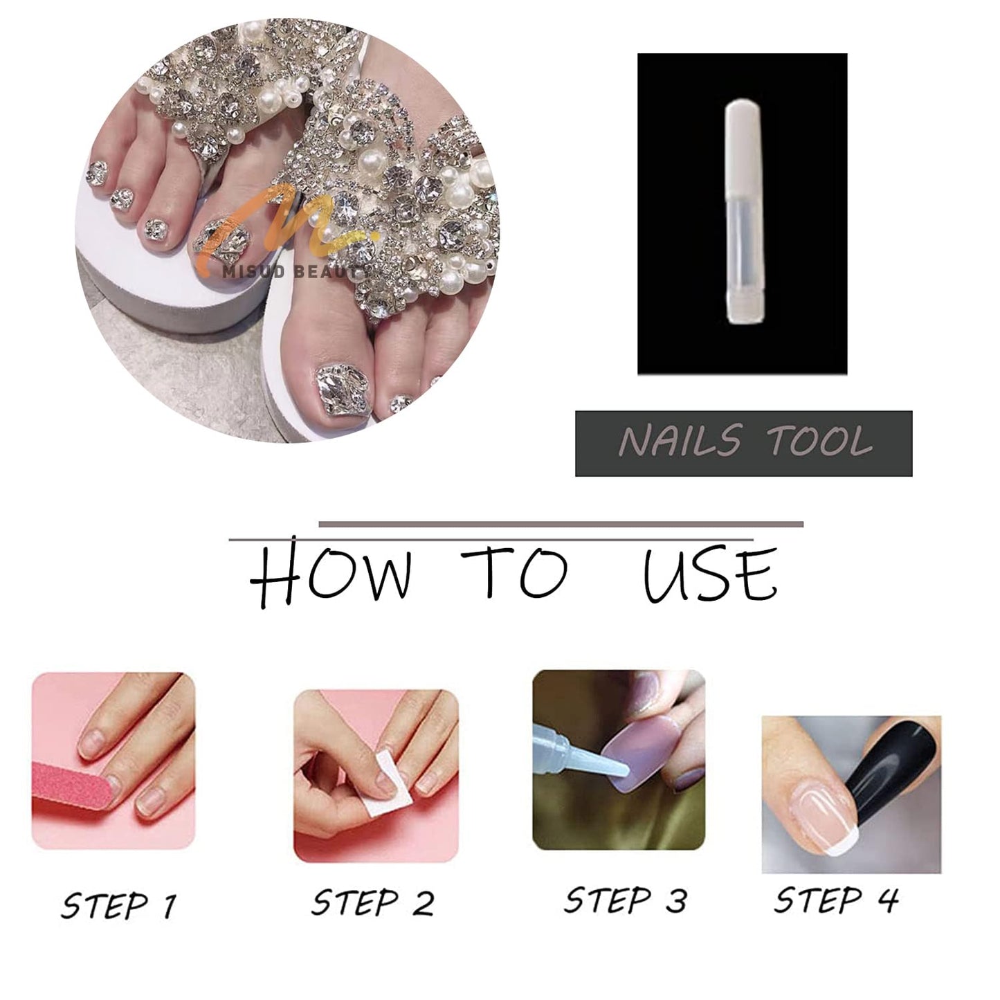 MISUD Press on Toenails - Fake Toe Nails with Bling Silver Glitter, Acrylic Sparkly Rhinestone Design 24 pcs