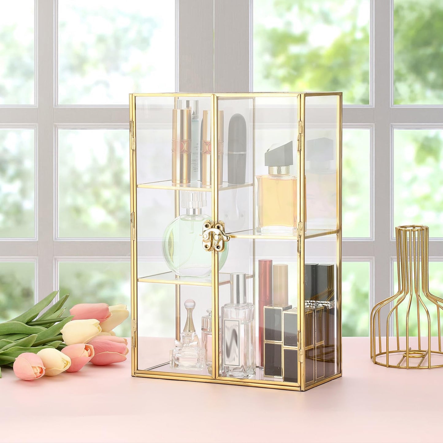 ELLDOO 5 Slots Clear Glass Storage Box, Gold Jewelry Makeup Display Organizer Case, Decorative Tower Box Storage for Trinket Perfume Lipstick Figure Statue Toy Display