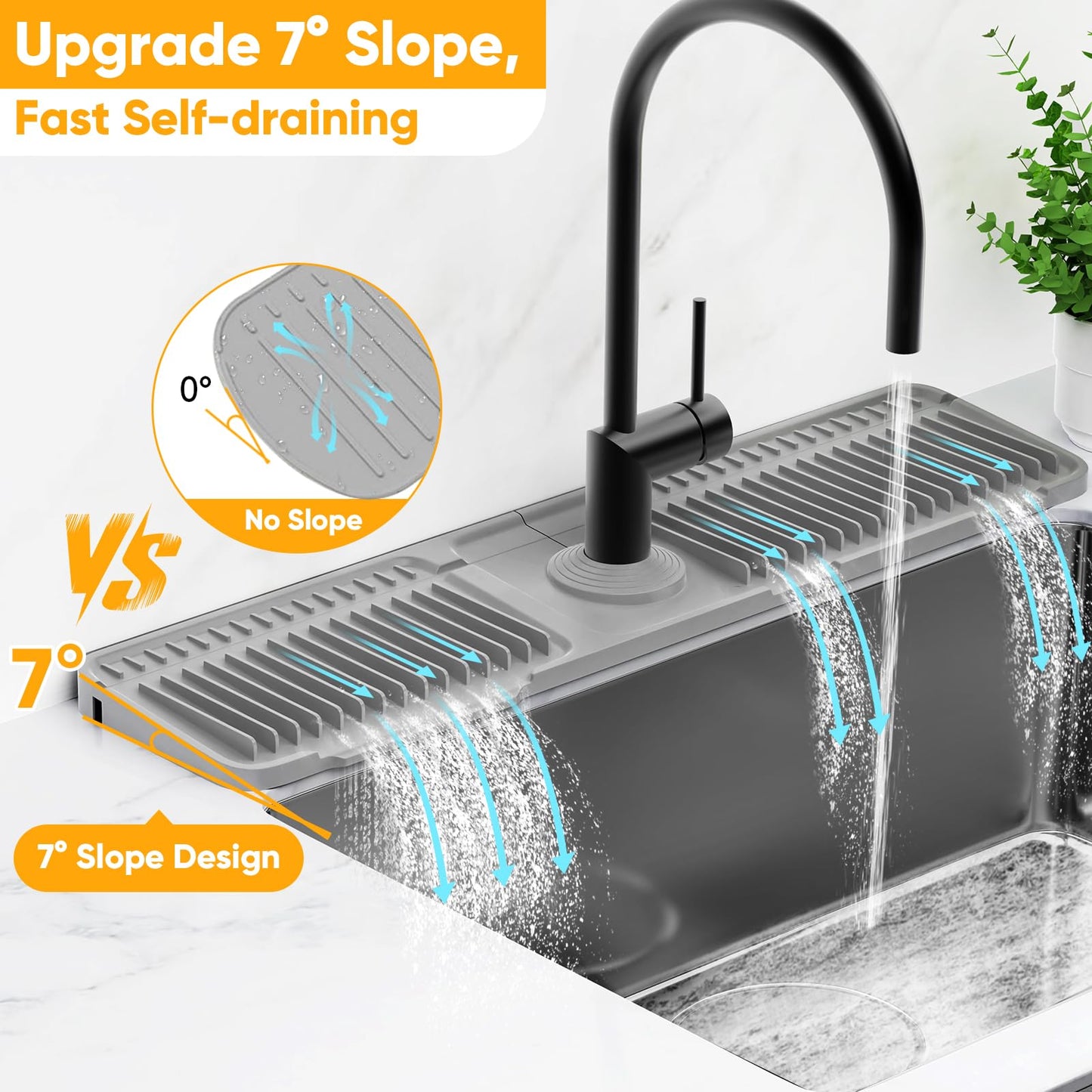 24'' Longer Faucet Mat for Kitchen Sink Splash Guard[7° Slope Fast Self-draining][Snap Lock Fit]Kitchen Sink Faucet Mat Splash Guard Kitchen Sink Area Water Splash Guard Behind Faucet Draining Mat