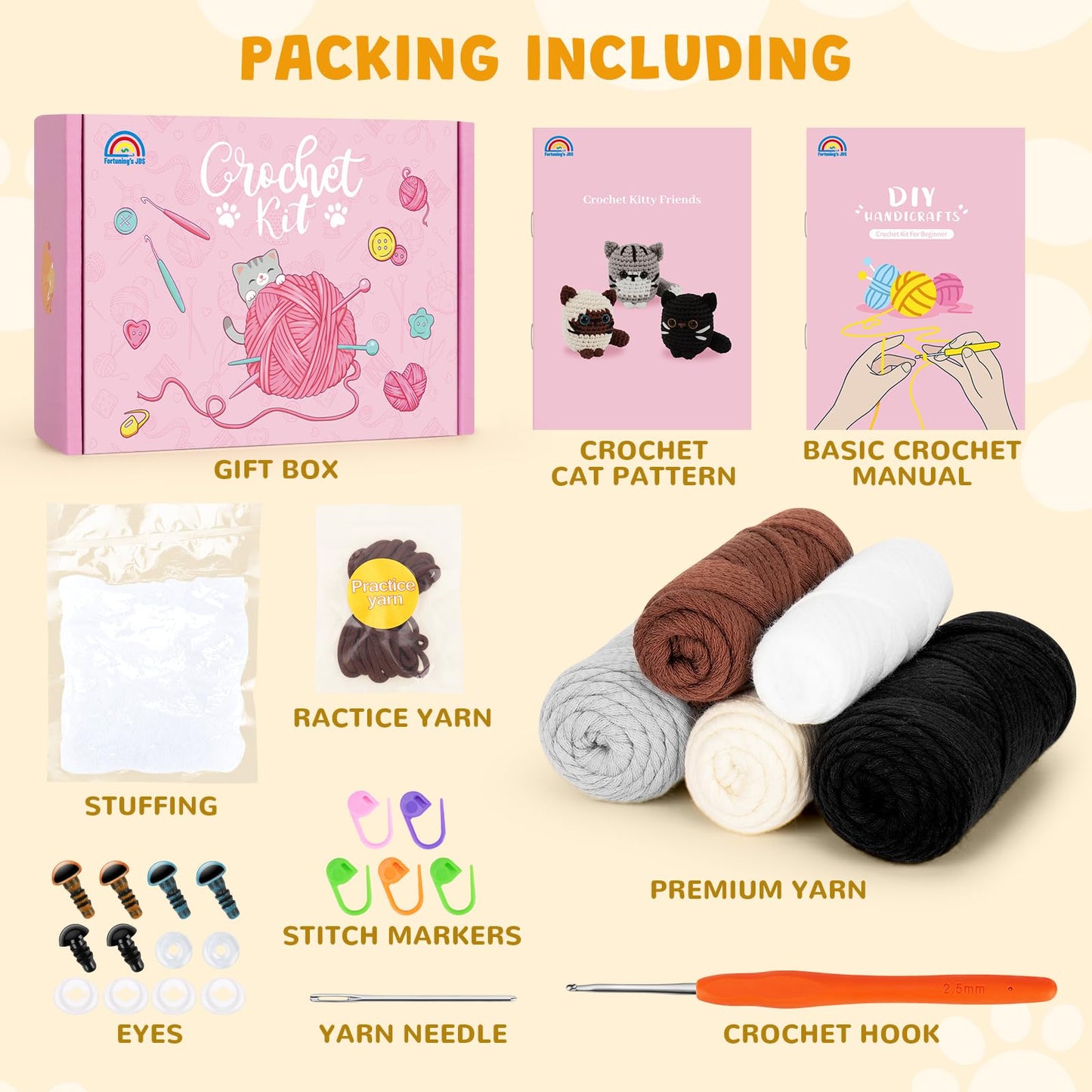 Fortuning's JDS Crochet Kit for Beginners, Cat Crochet Kit for Adults Beginner, Complete DIY Crochet Starter Kit with Step-by-Step Video Tutorials, Easy Knitting Kit Cat Crochet Gifts