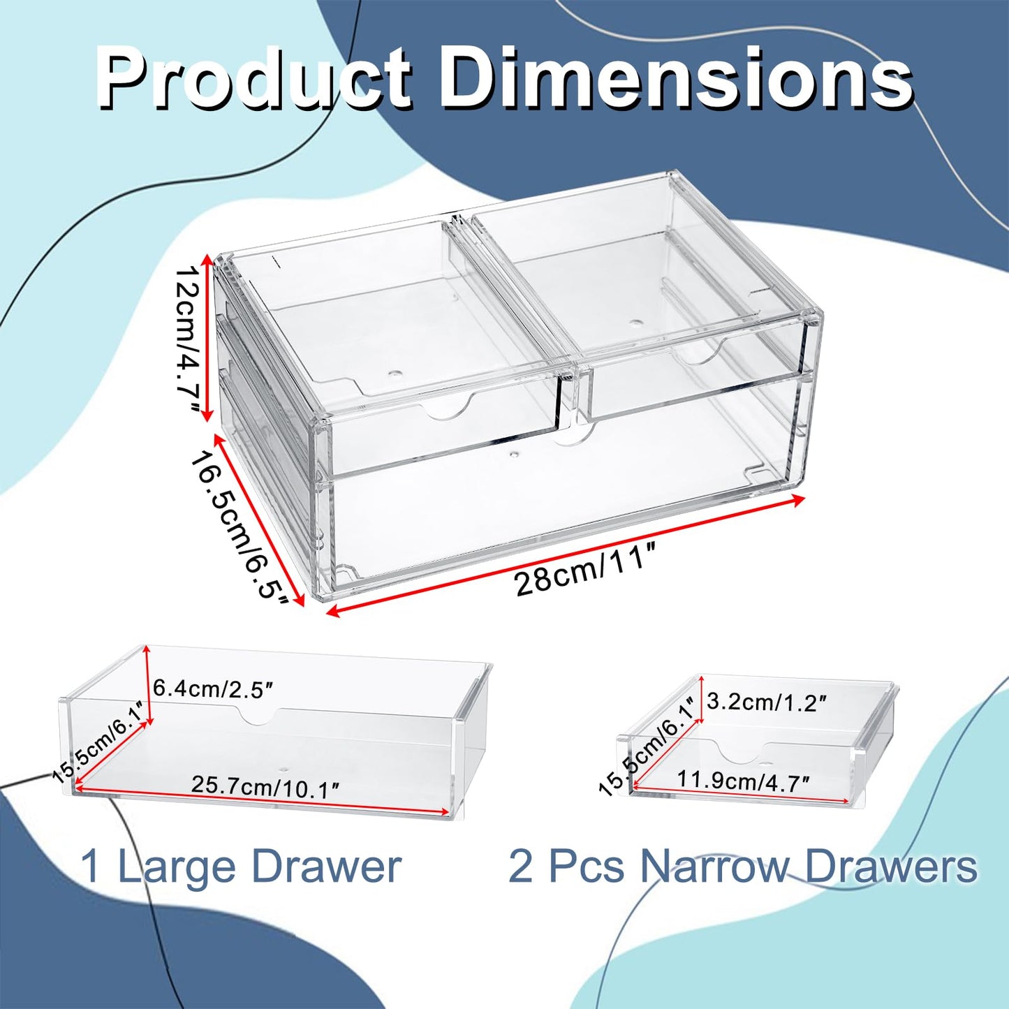 BTSKY Clear Acrylic Drawer Organizer, Stackable Container with 2 Narrow + 1 Large Drawers, Desk Organizer for Stationery Study Essentials Makeup Jewelry, Multipurpose Storage Box for Office and Home