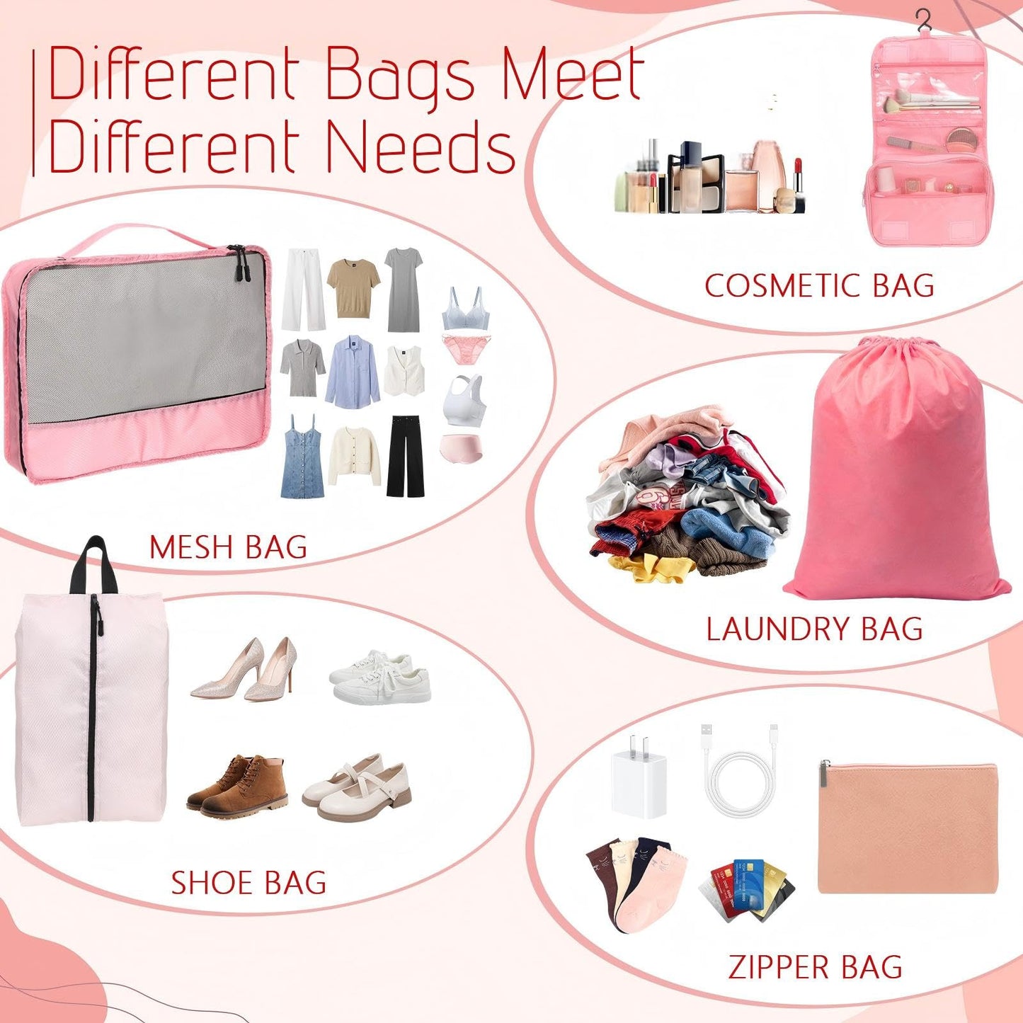 Bulyoou 9 Pcs Packing Cubes Set for Travel with Waterproof Clothing Cubes Toiletry Shoe Laundry Jewelry Bag for Women Men(Light Pink)