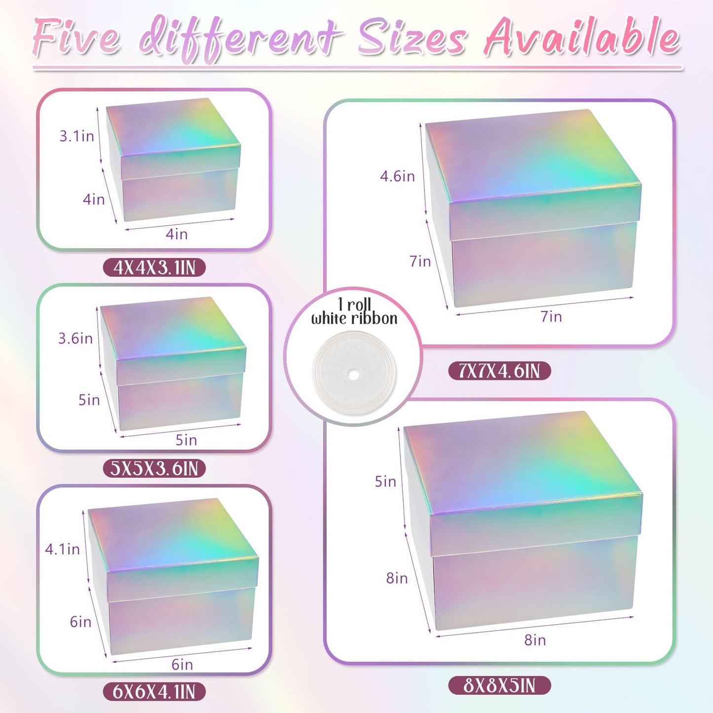 Fulmoon 5 Pack Holographic Silver Square Nesting Gift Boxes with Lids Set Assorted Sizes 8in 7in 6in 5in 4in with Ribbon for Wedding Graduation Birthday Presents Keepsake