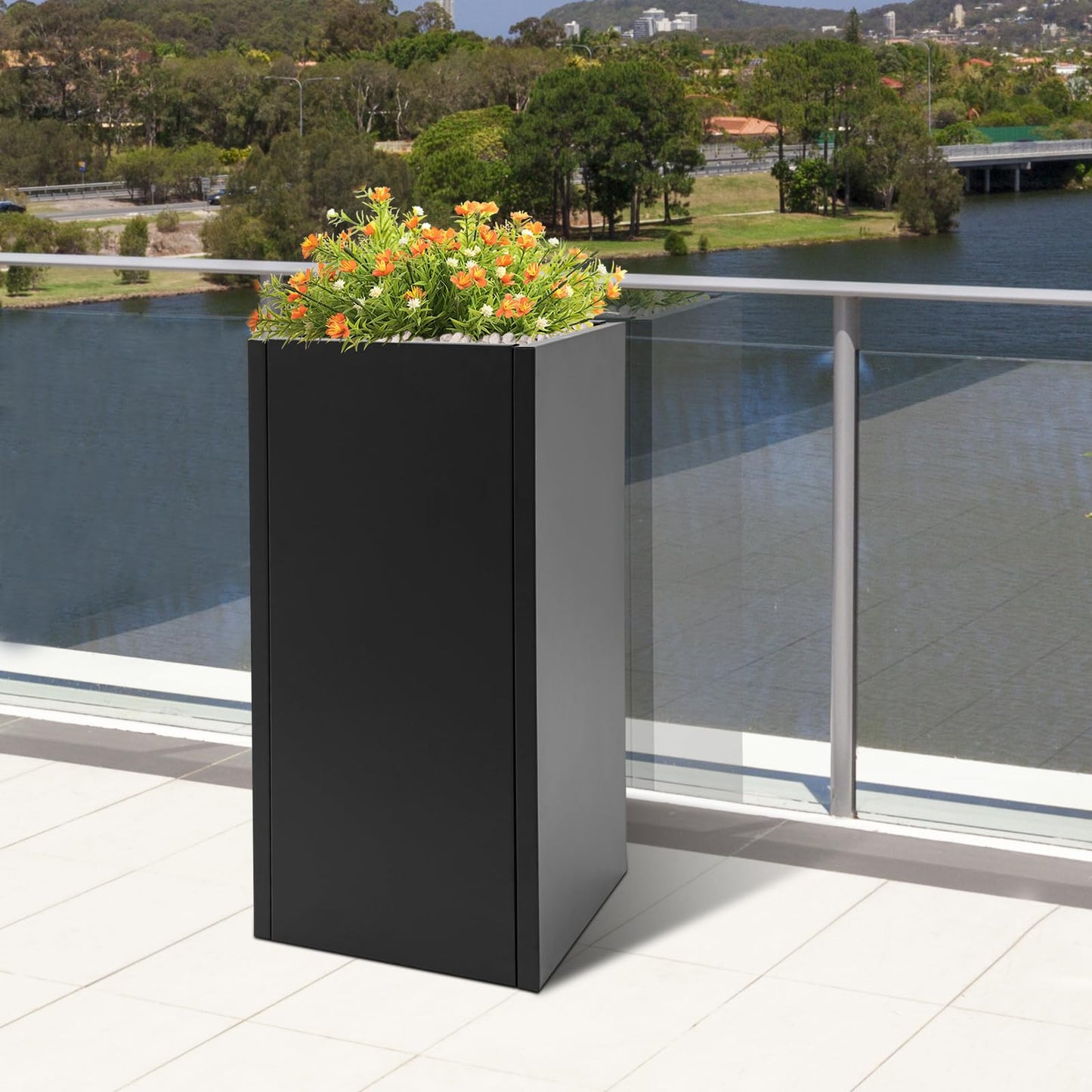 CheriMuMu Tall Outdoor/Indoor Planter Box, 14" L x 14" W x 30" H Heavy Duty Rectangular Large Flowerpot with Removable Shelf, Modern Column Metal Planter Box for Front Porch Patio, Black, 1 Pack