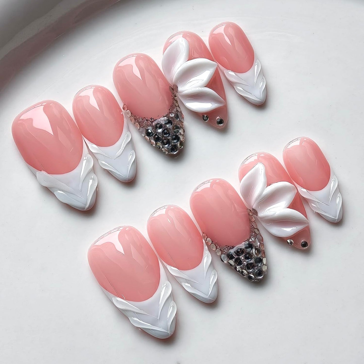 French Tip Press on Nails Handmade Medium Almond 3D Thick Acrylic Nails White False Nails with Flower Rhinestones Designs Elegant Pink Glossy Fake Nail Sturdy Art Press on Nail 10Pcs(S)