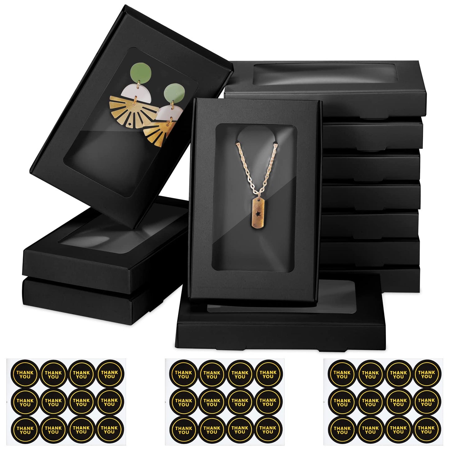 Crtiin 30 Pack Jewelry Gift Boxes Bulk with Thank You Stickers 5.4"x3.4"x0.7" Cardboard Small Gift Boxes for Jewelry Necklaces Earrings Bracelets Ring Packaging with Clear Window(Black)