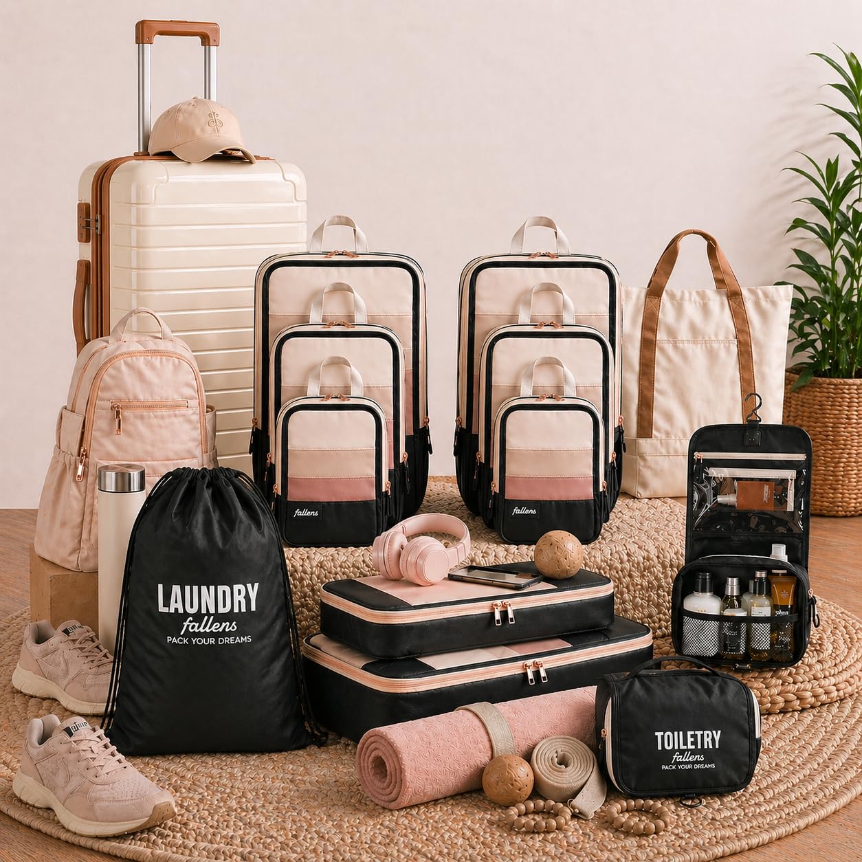 FALLENS 8 Set Luxury Compression Packing Cubes for Travel Expandable/Compression Luggage Packing Organizers, Includes 6 Full-Size Cubes, 1 Laundry Bag & 1 Toiletry Bag, Dual Zipper System