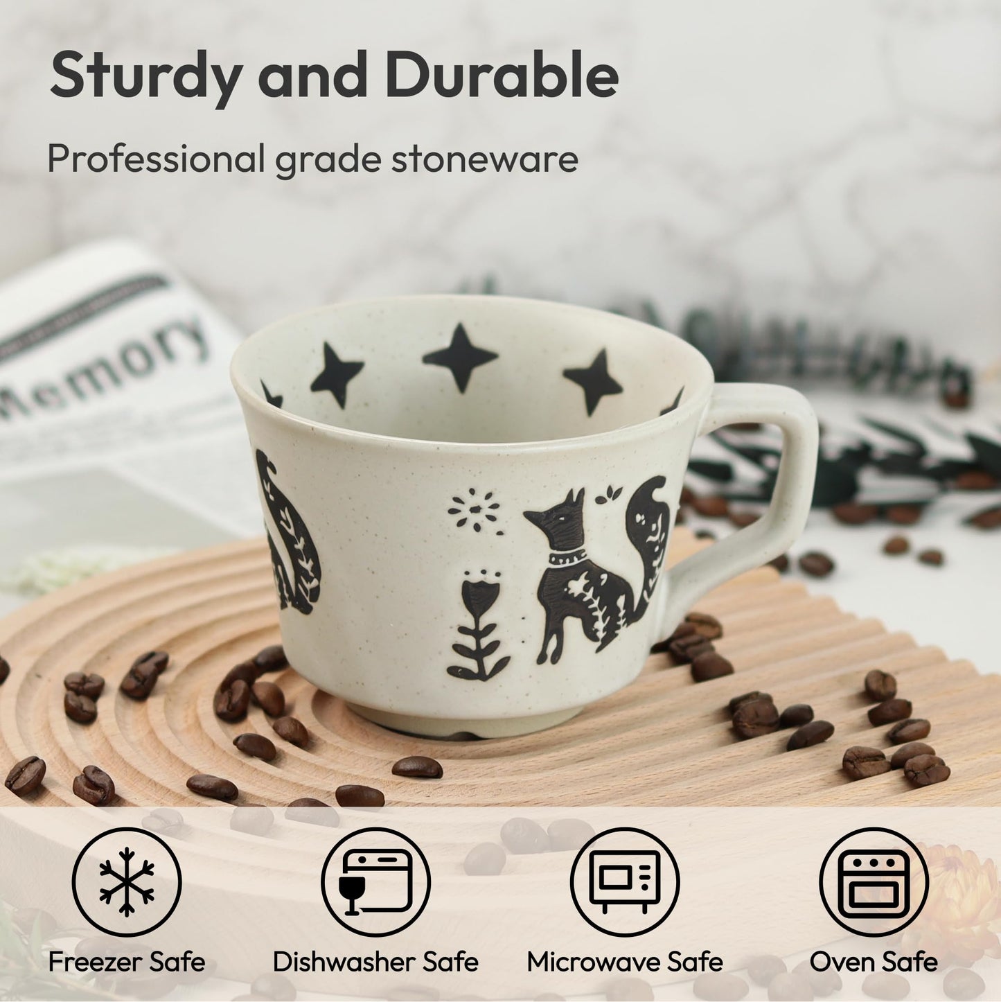 LINVIA Ceramic Coffee Mug, 11 oz Small Novelty Unique Teacup with Handle, Stoneware Cup for Tea Mocha Latte Cappuccino (Set of 4, Fox and Bear)