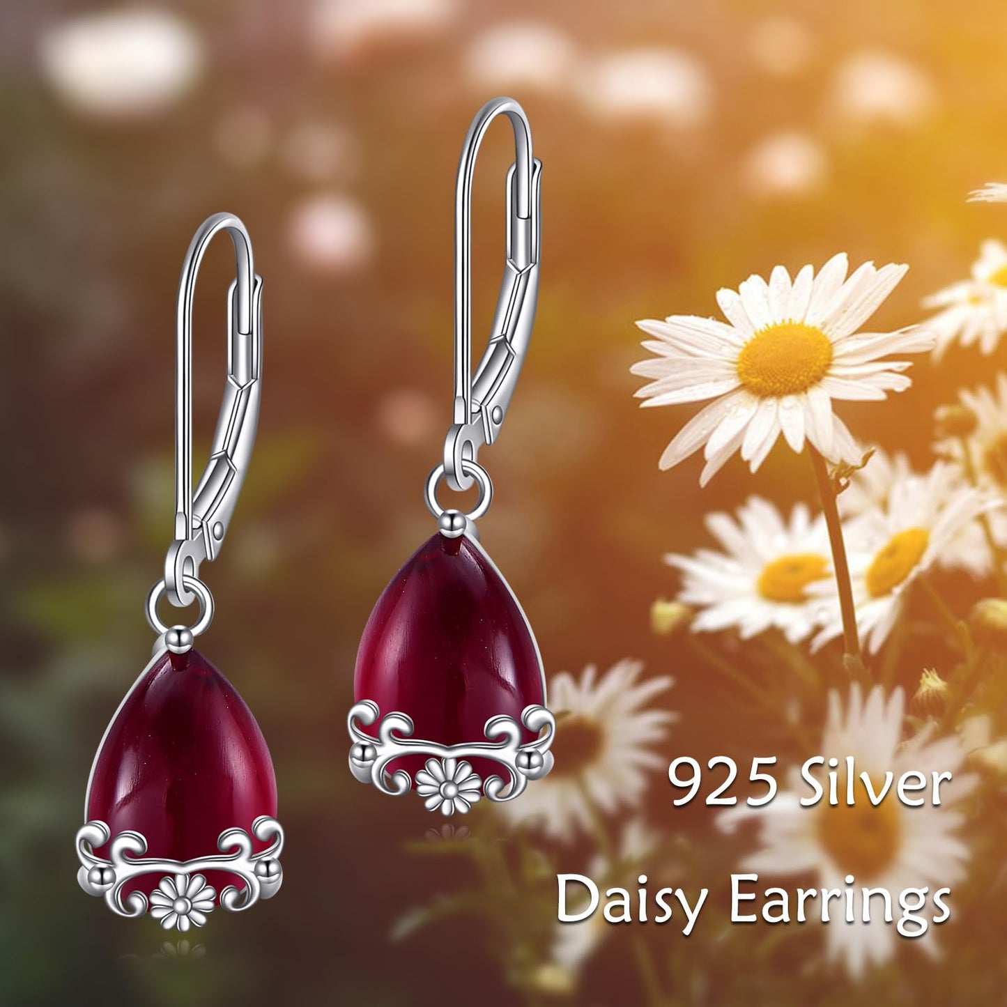 POPLYKE Garnet Filigree Teardrop Drop Dangle Earrings Sterling Silver Red Gemstone Leverback Earrings Jewelry for Women