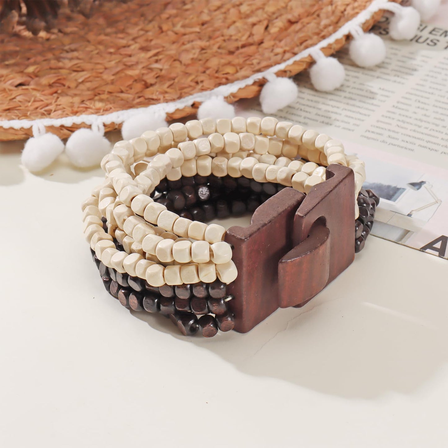 Coiris Boho Bangle Bracelets for Women Wooden Beaded Bracelets Chunky Bohemian Beach Bracelets Jewelry for Women(BR1235-BrownWhite)
