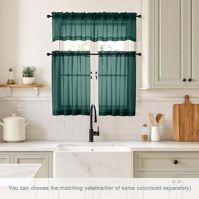 Green Small Sheer Curtains 2 Panels Set, Kitchen Curtains 36 Inch Length, Elegant Light Filtering Short Window Drapes for Living Room Bedroom, Dual Rod Pocket, Hunter Green, 2x42Wx36L Inches