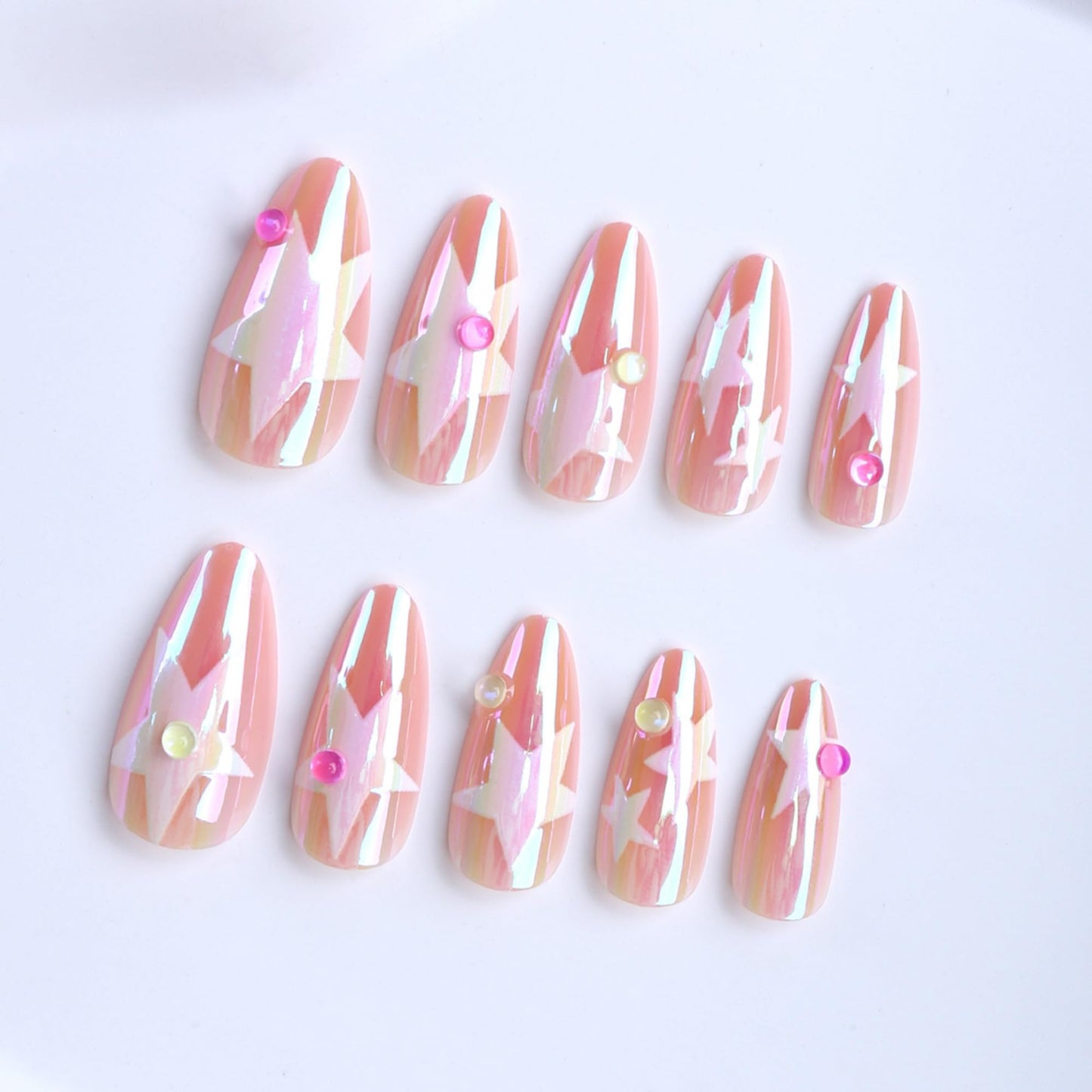 OCTOSWAVE Long Almond Press on Nails Iridescent Pink Star Design with 3D Gems Glossy Fake Nails for Women Salon Look Manicure Kit 24Pcs