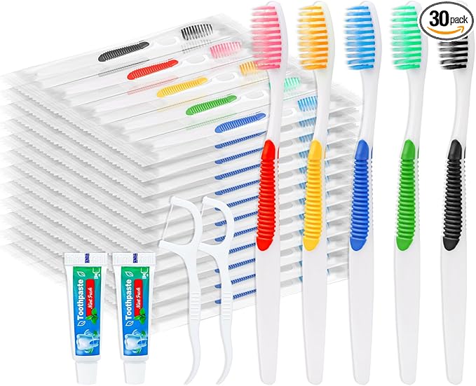 Disposable Toothbrushes with Toothpaste and Floss,30 Pcs 3 in 1 Individually Wrapped Single Use Travel Toothbrushes and Dental Floss Kit Bulk for Homeless,Guests,Dentist,Hotel(5 Colors)