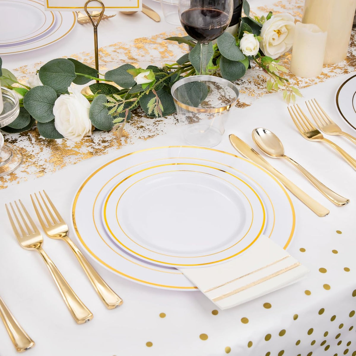 GATHER 176 Pieces Gold Dinnerware Disposable - White and Gold Plastic Plates Includes 50 Plates, 25 Plastic Silverware, 25 Napkins, 25 Cups and 1 Tablecloth for Wedding Party Thanksgiving