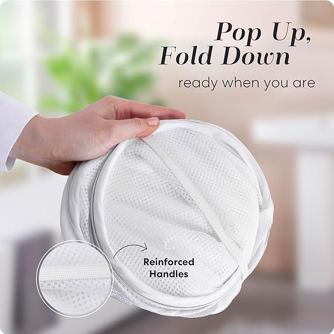 Handy Laundry Collapsible Mesh Pop Up Hamper with Wide Opening and Side Pocket - Breathable, Sturdy, Foldable, and Space-Saving Design for Clothes and Storage (White)