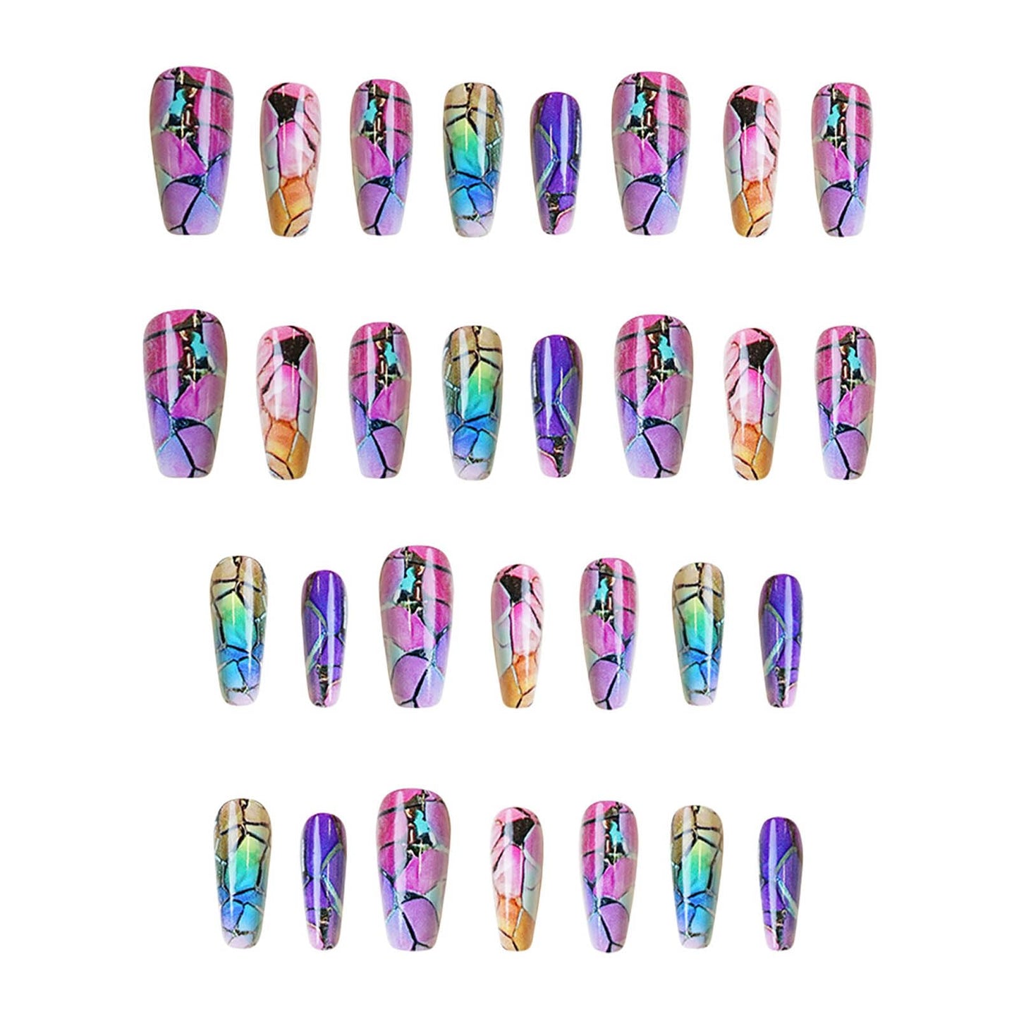 RUOKEXIN Coffin Press on Nails Medium Length Fake Nails Sparkly Stained Glass Windows False Nails with Designs Acrylic Artificial Nails Full Cover Glue on Nails Cute Stick on Nails for Women 24Pcs