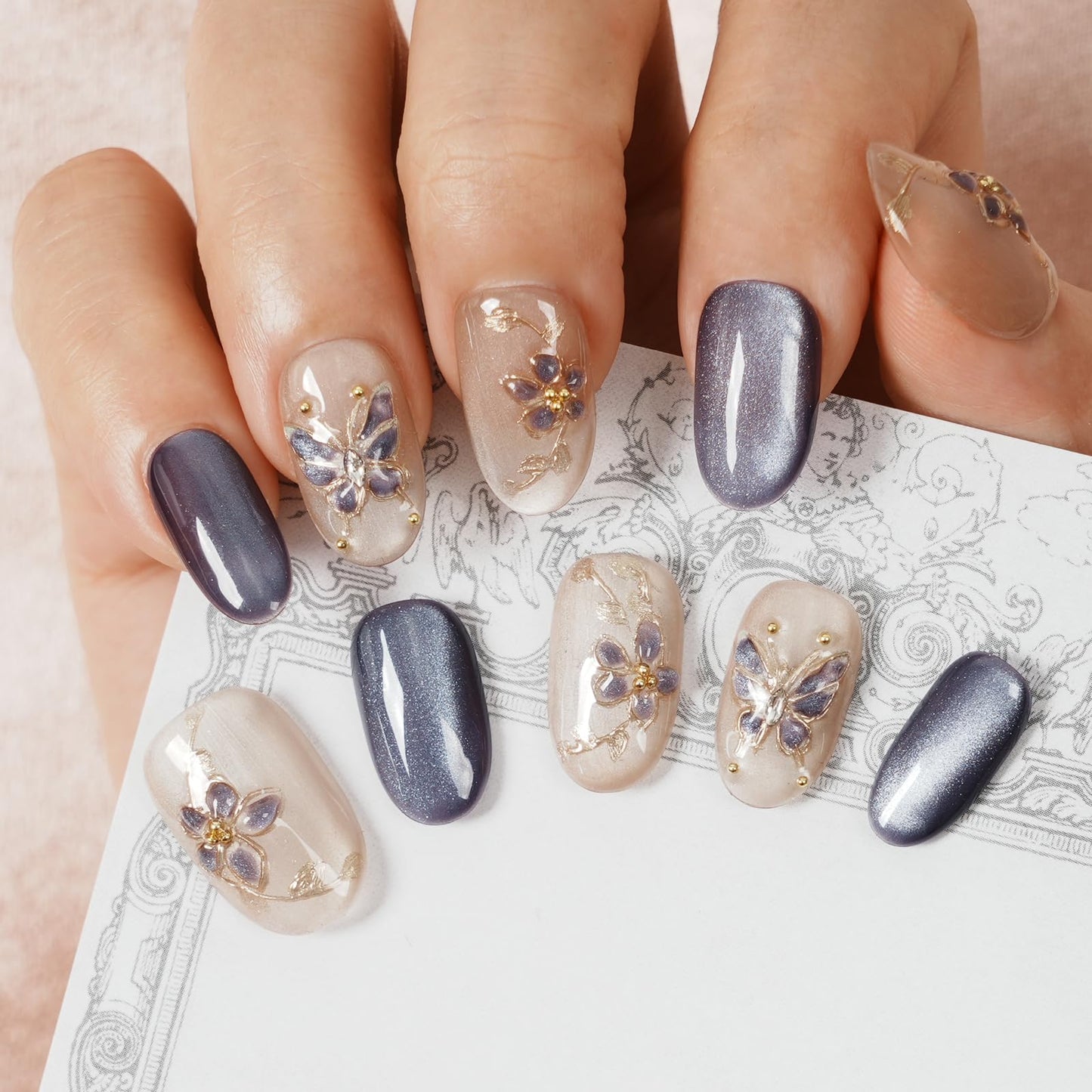 Tesytto Handmade Press on Nails Almond Shape Glossy Reusable False Nails for Nail Art (Soft Purple Gold Branch, S)