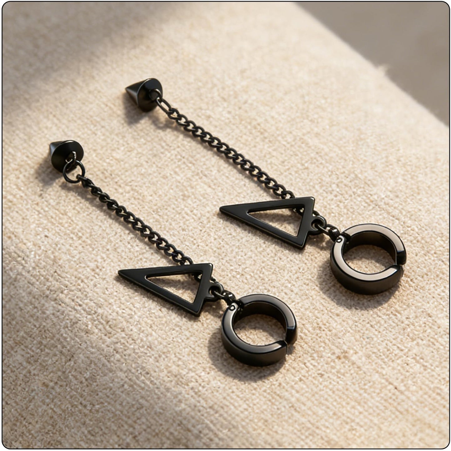 Fusamk Punk Rock Stainless Steel Triangle Ear Clip Earrings Spike Long Chain Dangle Earrings(Black)
