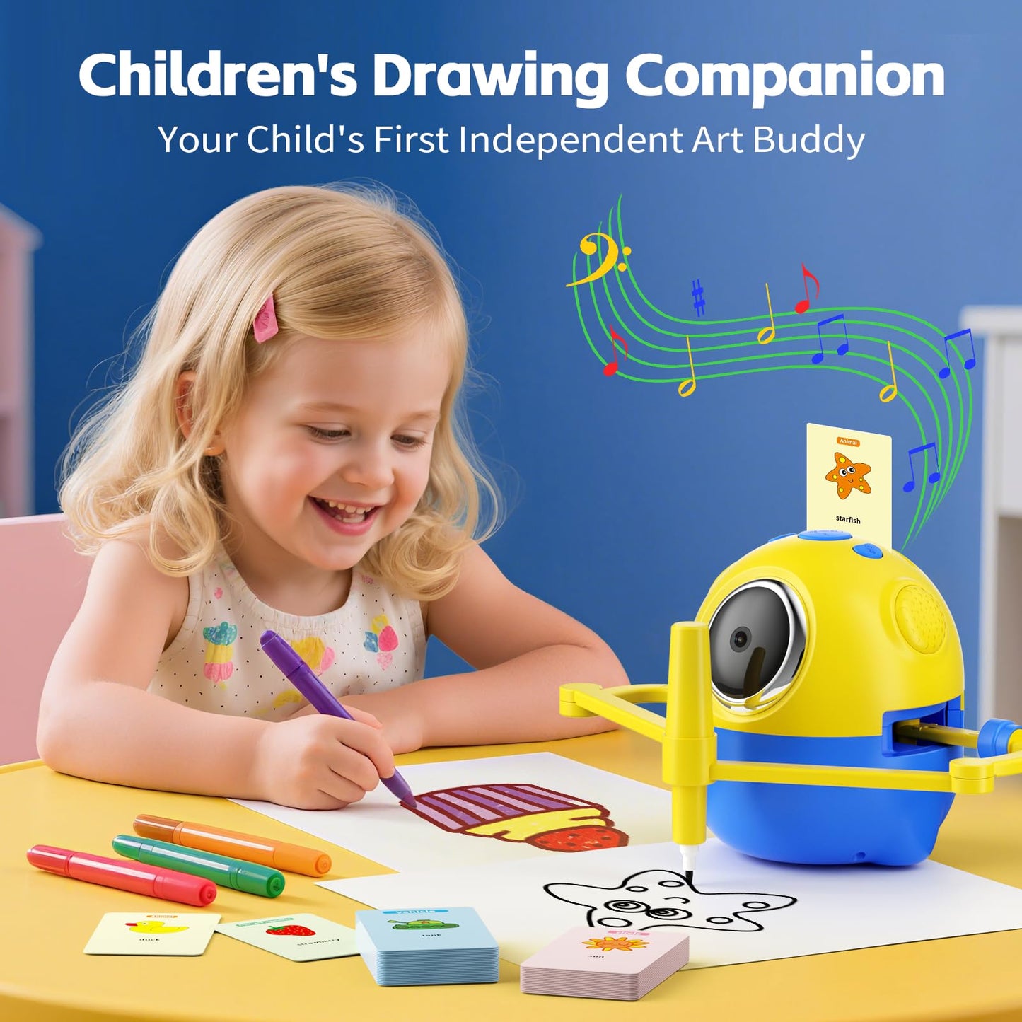Drawing Robot for Kids with Camera Recognition, Interactive Educational Drawing Machine with 150 Cards, Montessori Painting Learning Toys for Ages 3+, Birthday for Boys Girls (Yellow)