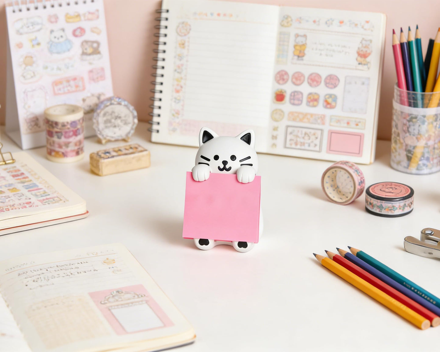 Cat Pop-up Sticky Note Dispenser, Includes 1 Pad of 3x3 in Super Sticky Notes, 100 Sheets, Resin Desk Holder for Office & Home
