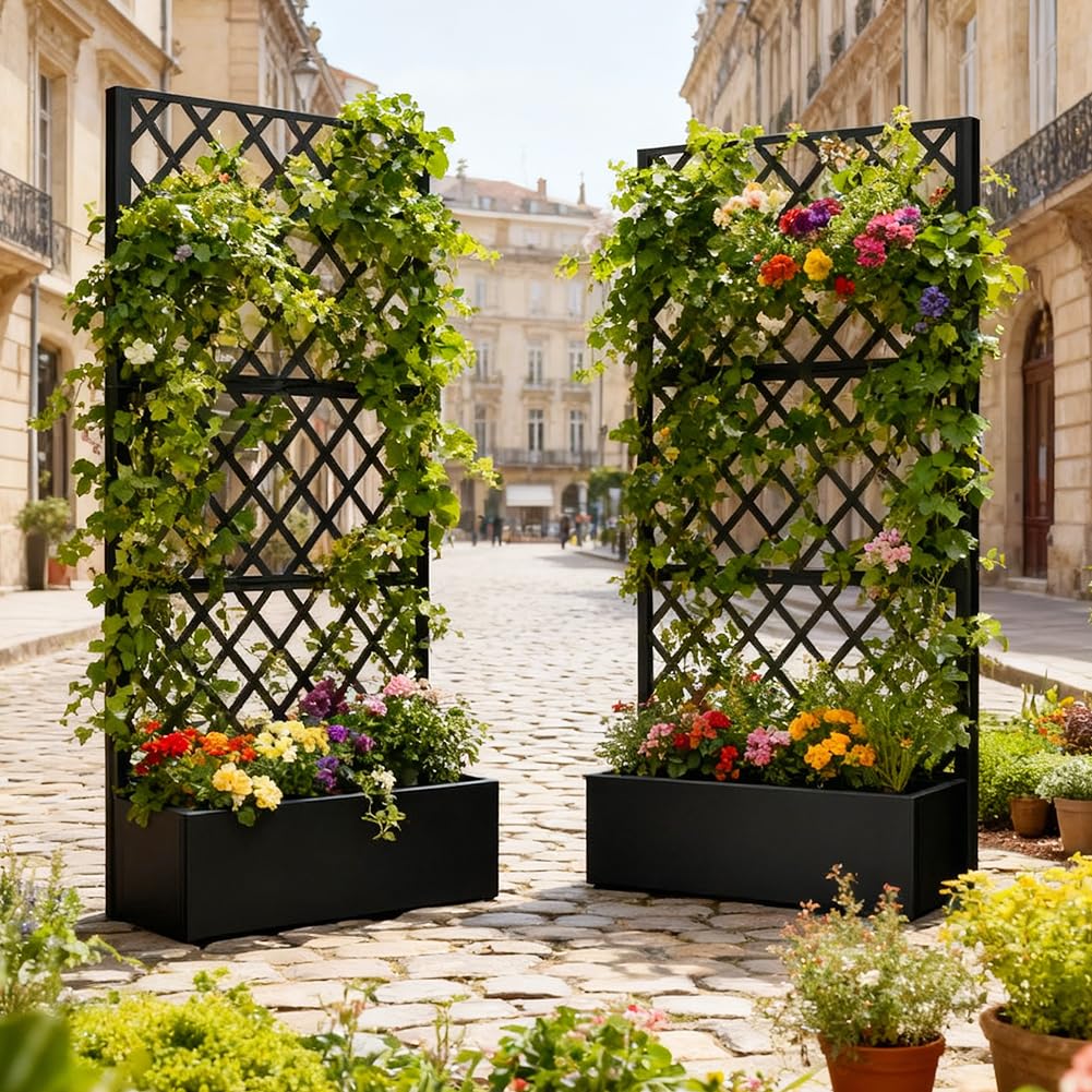 Metal Planter Box with Privacy Screen Trellis,Galvanized Raised Garden Bed On Wheels for Climbing Plants Vines, Standing Garden Flower Bed with Drainage Holes (Black, 35" L x16 W x 73" H)