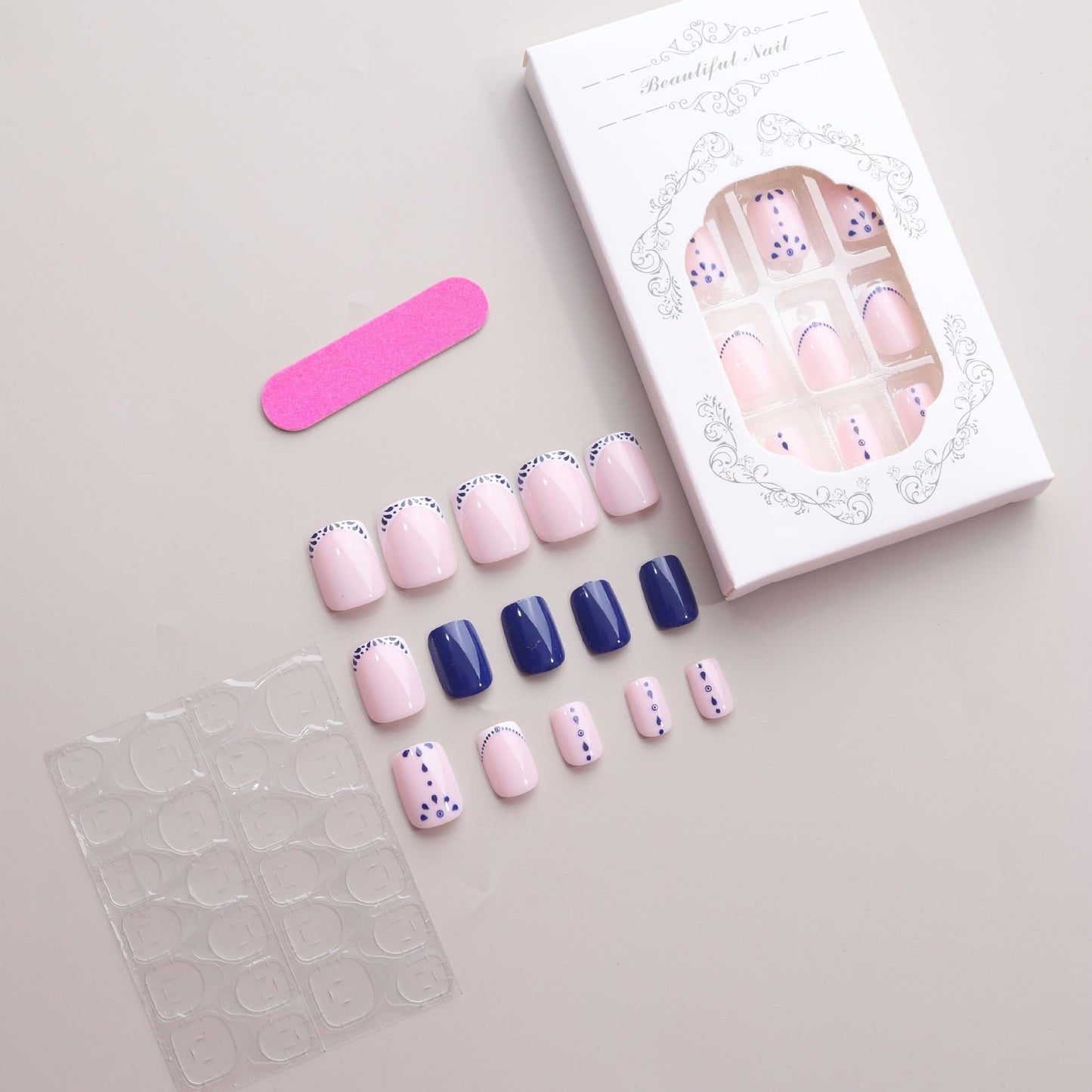 Short Press on Nails Square - Blue Fake Nails with Sun Pattern Design French Tip Full Cover Stick on False Nails for Women Fall Manicure 24 Pcs