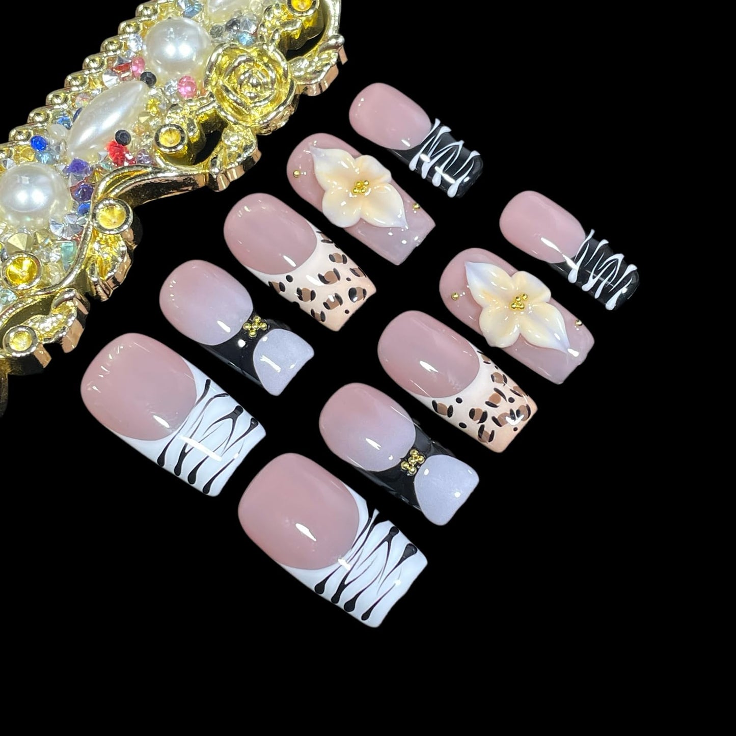 Handmade Press On Nails 3D Floral & Animal Print Medium/Short Square Leopard/Zebra/Yellow Floral Thick Reusable Acrylic False Nails (Prairie, S)