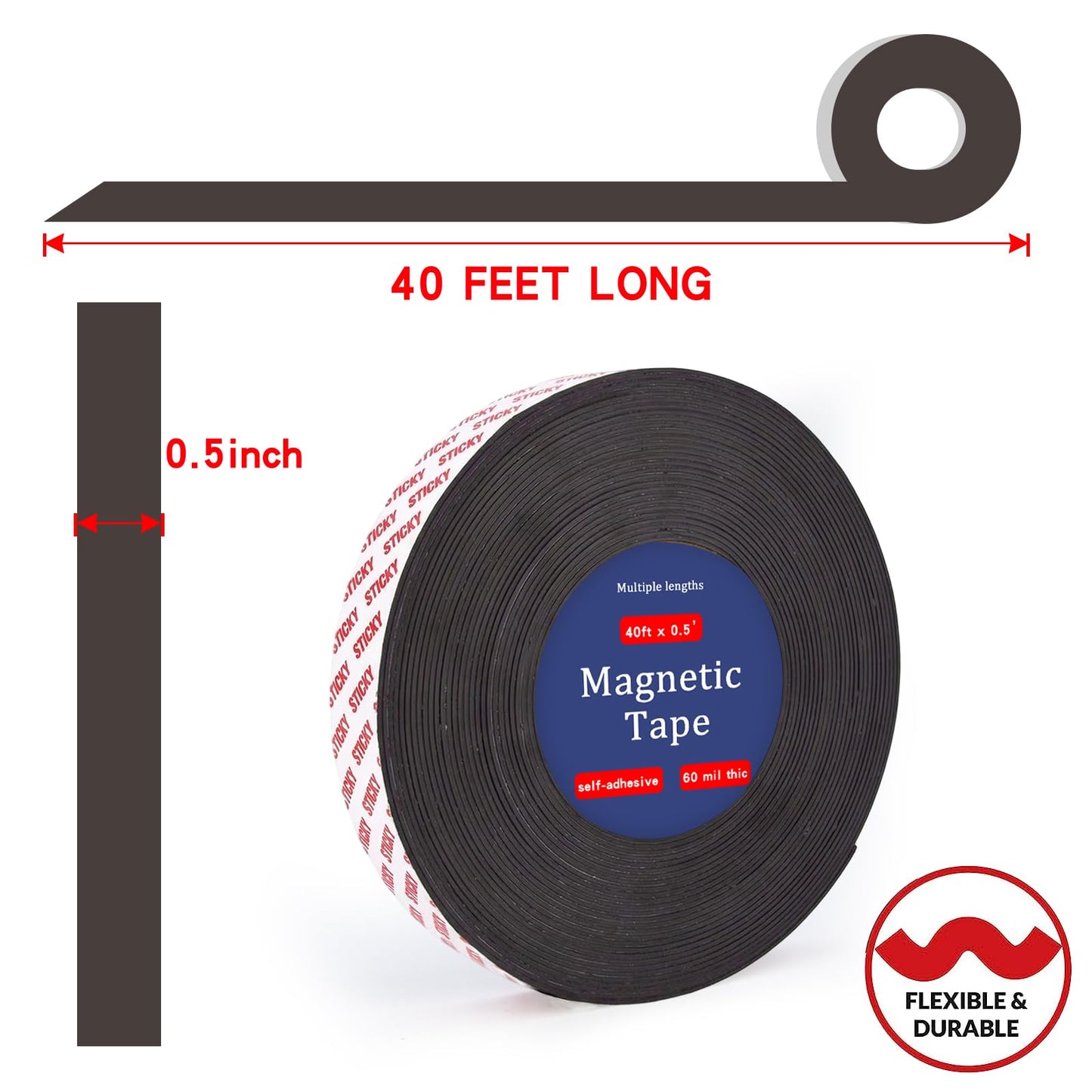 Towjug Magnetic Tape Roll 40 Feet with Self Adhesive Backing, Flexible Sticky Magnet Strips for Lightweight Craft DIY Projects, Whiteboards and Fridge Organization (0.5" Wide x 0.06" Thick)