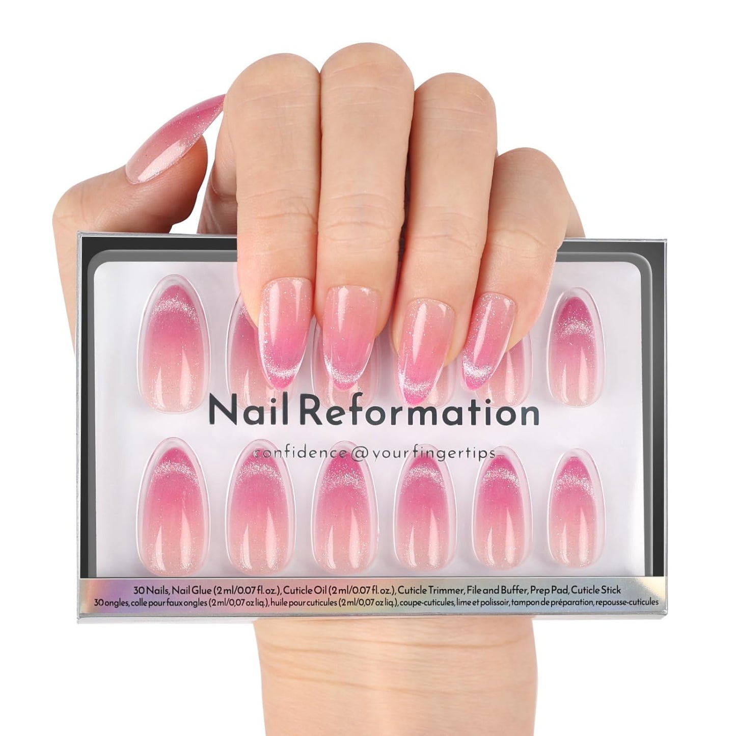 Nail Reformation Press On Nails, Rosewater | Ombre Pink Velvet Shimmer Medium Almond Fake Nails with Glossy Finish, Reusable Stick On False Nails Kit - 30 Pcs in 15 Sizes with Glue, Gifts for Women