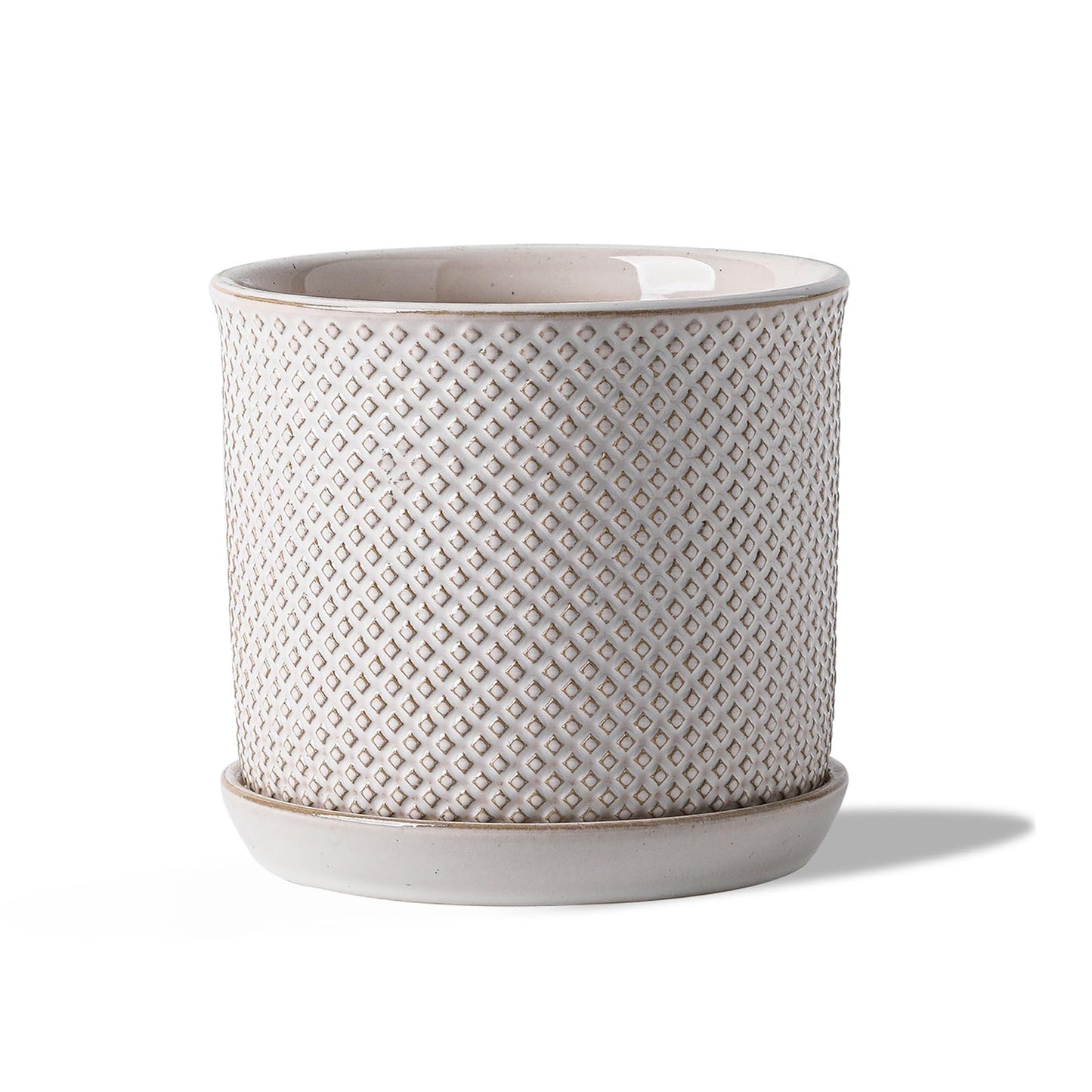 Chubacoo 5.8 Inch Plant Pot: Ceramic Planter with Drainage Hole & Saucer for Indoor Outdoor Plants - Flowerpot with Bonded Tray for Home Office - Beaded Embossed Style, Cream White