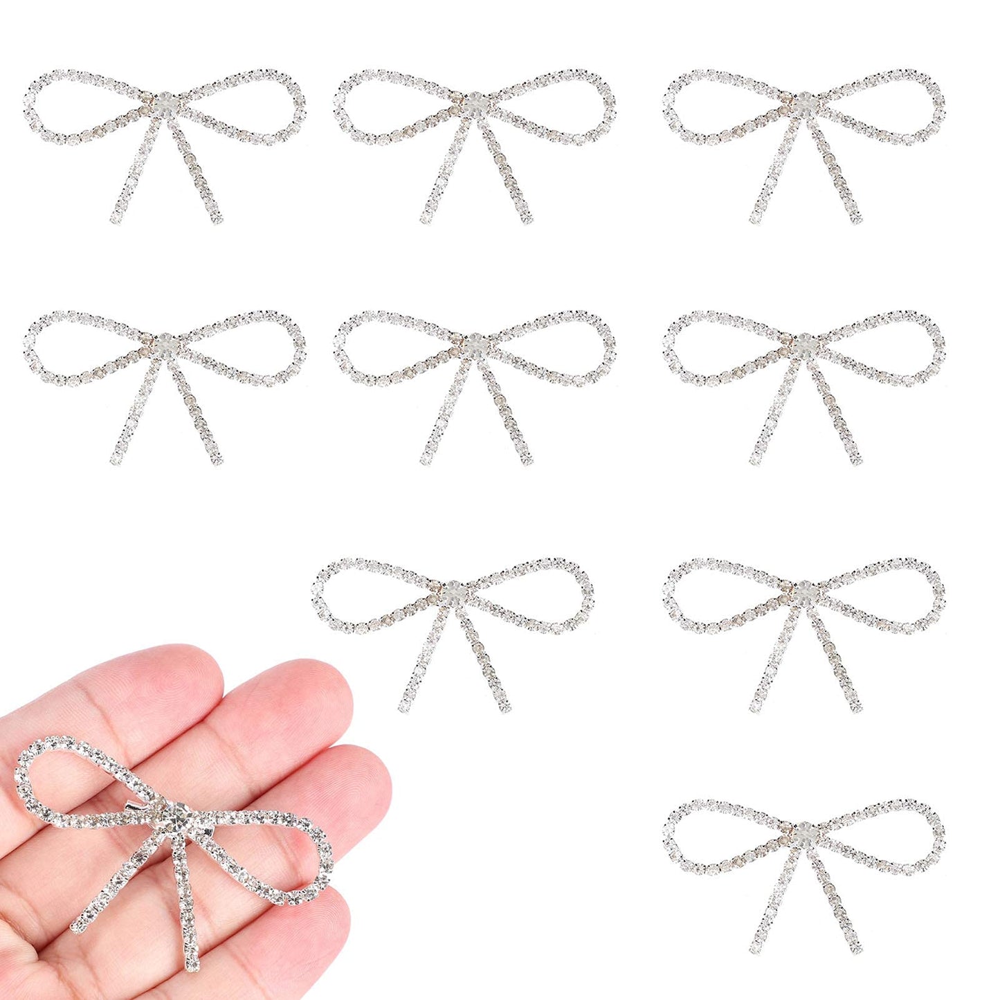 10Pcs Sliver Clear Rhinestone Crystal Bow Brooches Pins Set DIY Wedding Bouquet Broaches Kit
