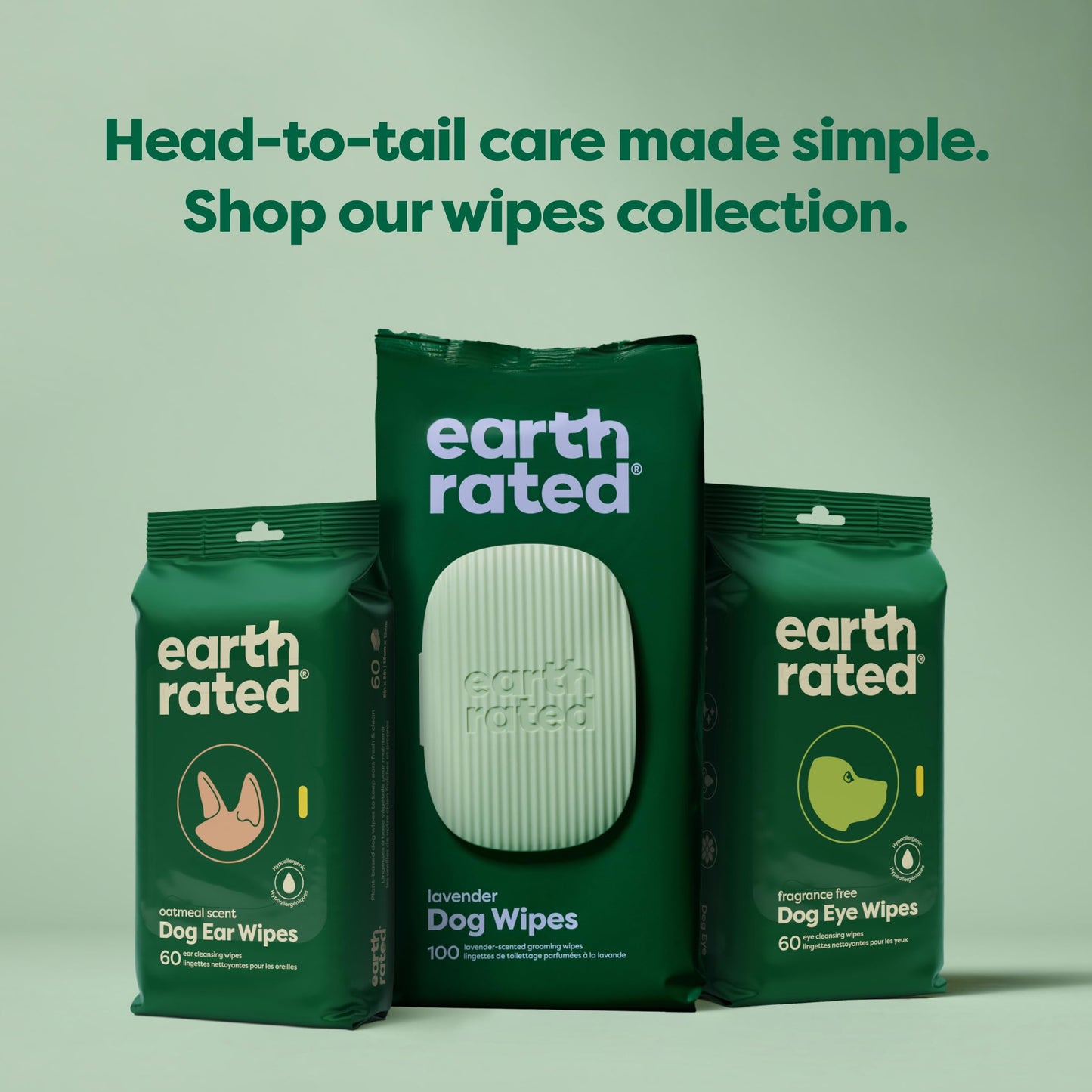 Earth Rated Ear Wipes & Grooming Wipes Bundle - Includes 70 Fragrance-Free Pet Ear Wipes and 100 Lavender-Scented Grooming Wipes.