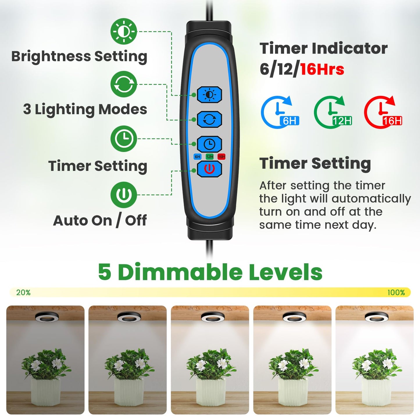 Wiaxulay Grow Lights for Indoor Plants, 48 LEDs Full Spectrum LED Plant Grow Light, Under Cabinet Grow Lamp with Auto Timer 6/12/16 Hrs, 3 Lighting Mode, 5 Brightness Levels, One Head (3.5in)
