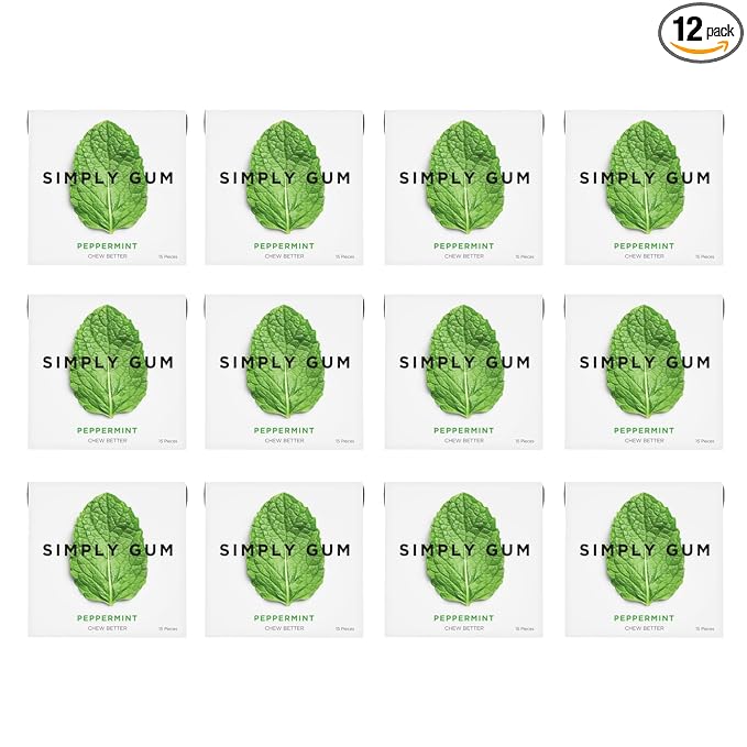 SIMPLY Gum Peppermint, Plastic-Free Natural Chewing Gum, 12 Pack (180 Pieces) | Vegan, Kosher, Non GMO, Aspartame Free and Sorbitol Free