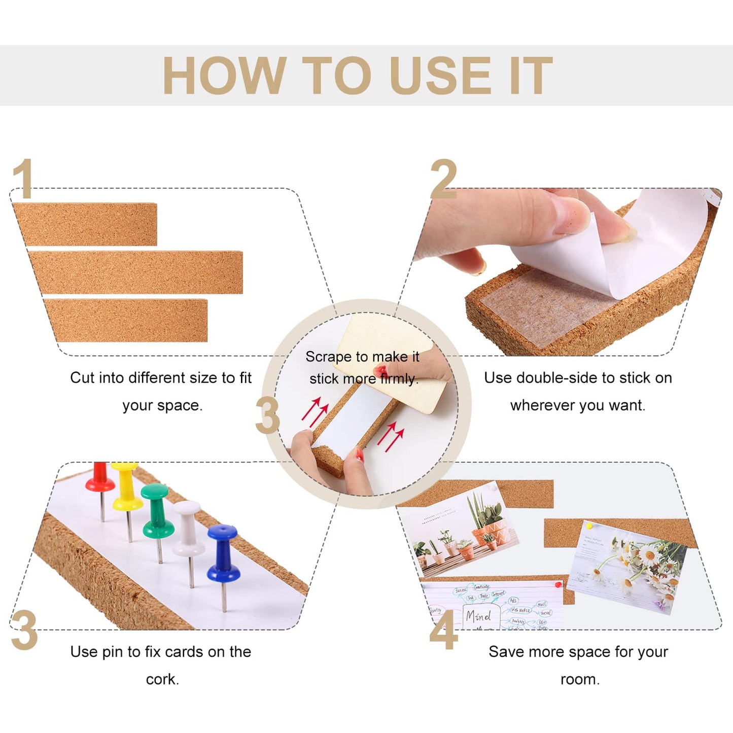 Nuanchu 158 x 1.6 Inch Cork Strips Bulletin Bar Strips Frameless Cork Board with 1 Roll Double Side Tape 100 Push Pins for Classroom Walls School Home Office Notes Photos Decorations(Brown)