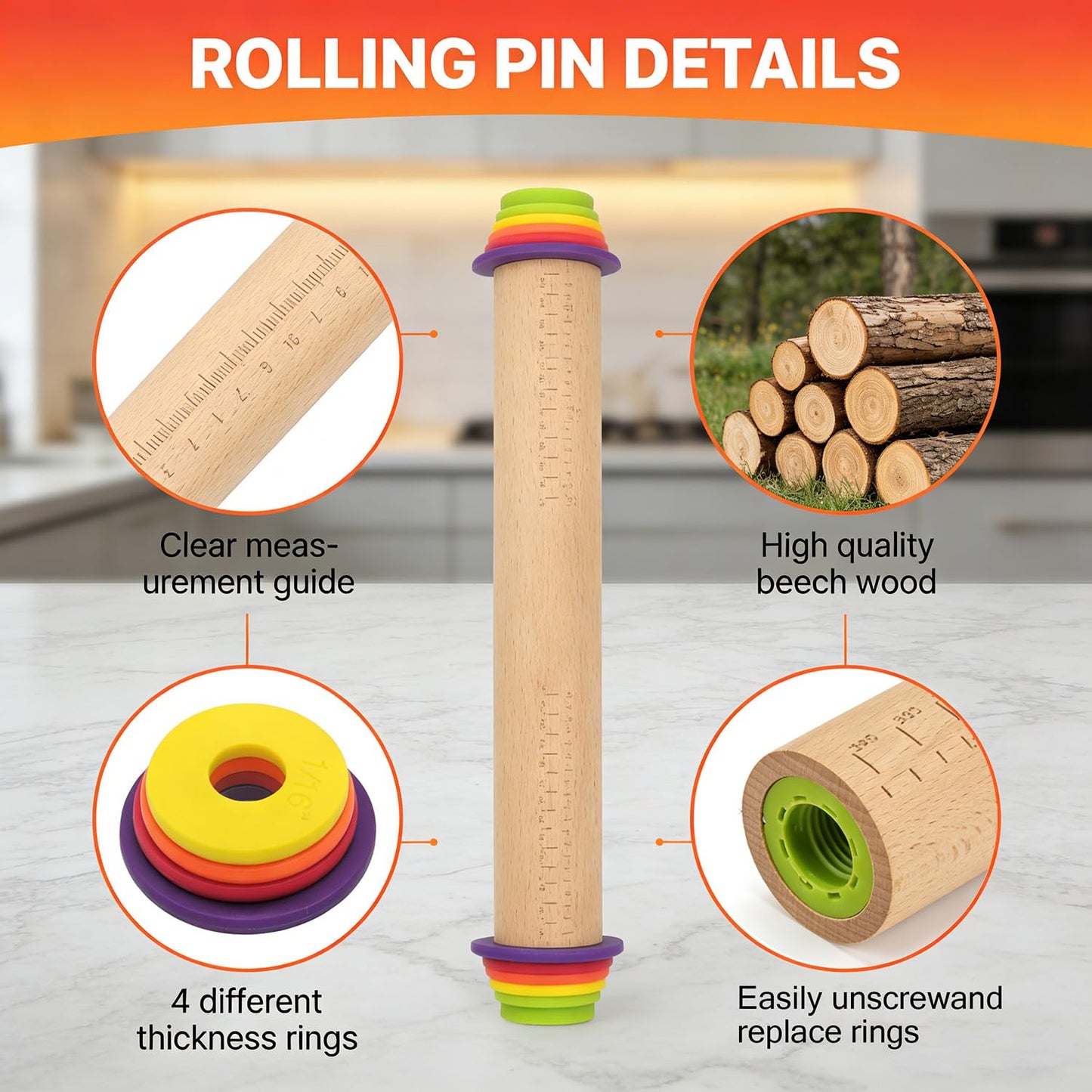 forusom Rolling Pin With Thickness Rings, Adjustable Wooden Rolling Pin Set, 17 inch Rolling Pins for Baking, Biscuit, and Dough Kneading, Pizza Dough, Paster Roller