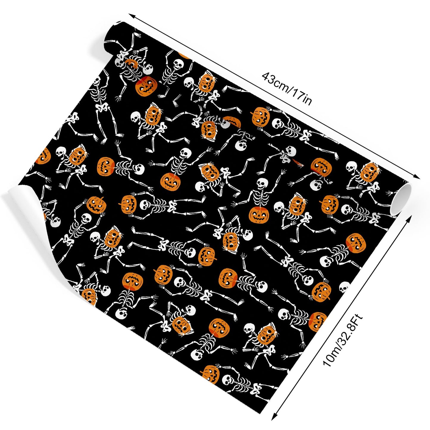 Whaline Halloween Wrapping Paper -Mini Roll- 17 Inch x 32.8Ft Black Dancing Skeleton Pumpkin Gift Wrap Paper Spooky Art Paper for Birthday DIY Crafts