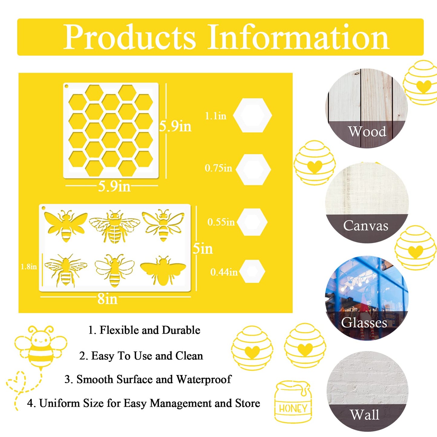 Bee Honeycomb Stencil, Reusable Bee Stencils for Painting on Wood Signs Furniture DIY Crafts Wall Canvas Fabric Plastic Drawing Template Hexagon Paint Wood Burning Stencils (bee)