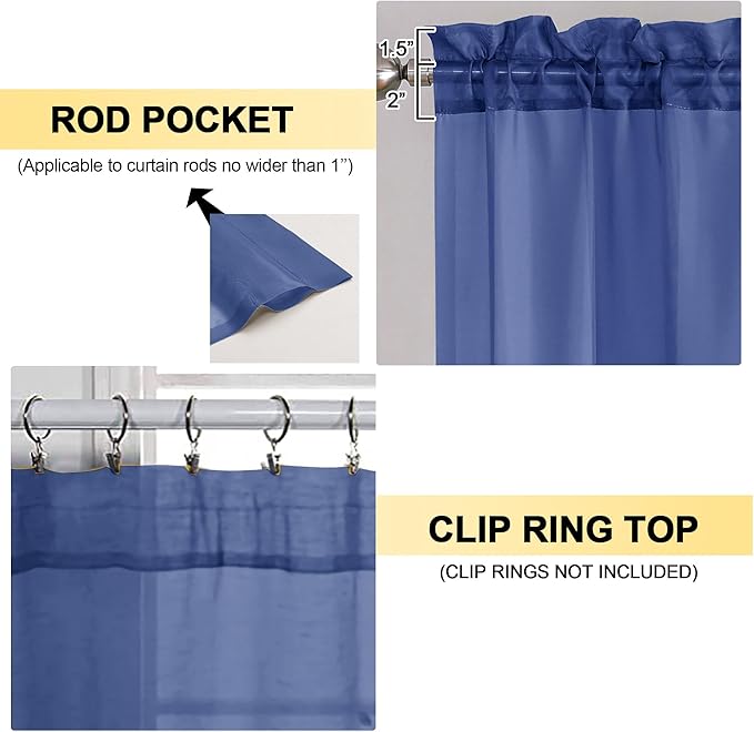 OVZME Royal Blue Sheer Curtains 63 Inches Long 2 Panels - Soft Light Filtering Window Sheer Panels for Living Room/Bedroom, Top Dual Rod Pocket, 1 Pair, Each 42Wx63L Inches