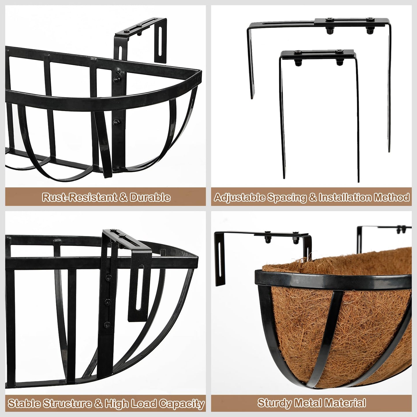Nature Crafted 24 Inch Railing Planter Boxes with Adjustable Brackets for Hanging Outdoor Plants, Window Box Planter with Coco Liner for Balcony Deck Porch & Patio Garden Decor, 4 Pack & Black