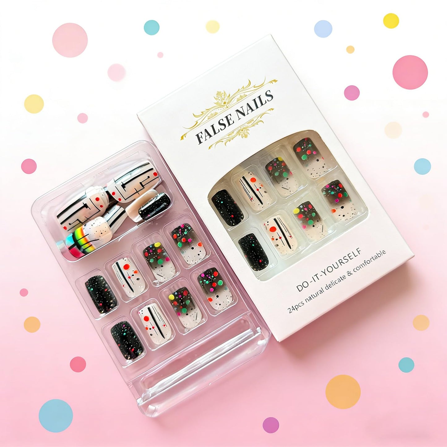 Rainbow Polka Dot Press on Nails Medium Square Fake Nails with Lines Dots Design Colorful Acrylic False Nail Glossy Full Cover Stick on Nail Reusable Artificial Summer Nails for Women 24Pcs