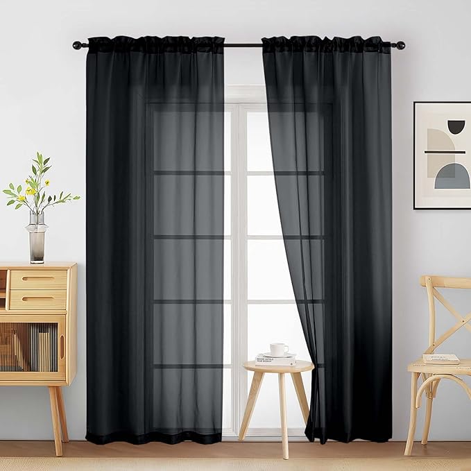 Halloween Black Sheer Curtains 84 Inches Long 2 Panels, Elegant Airy Transparent Light Filtering Window Curtains, Window Drapes for Living Room, Top Dual Rod Pocket Design, 2x42Wx84L Inches