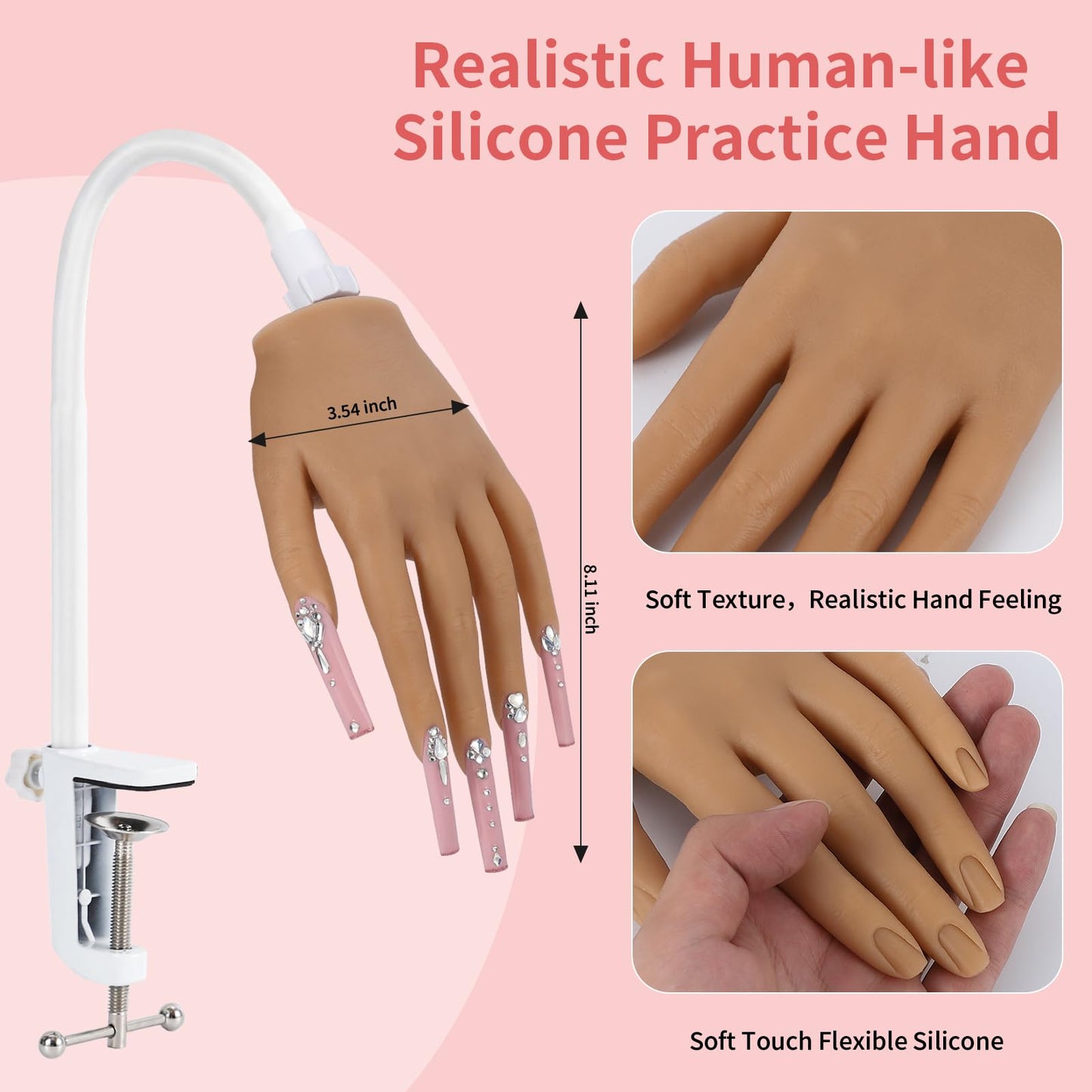 Silicone Practice Hand for Acrylic Nails - Soft Touch Liquid Silicone Hand for Practice - Flexible Realistic Nail Mannequin Hand Practice for Training