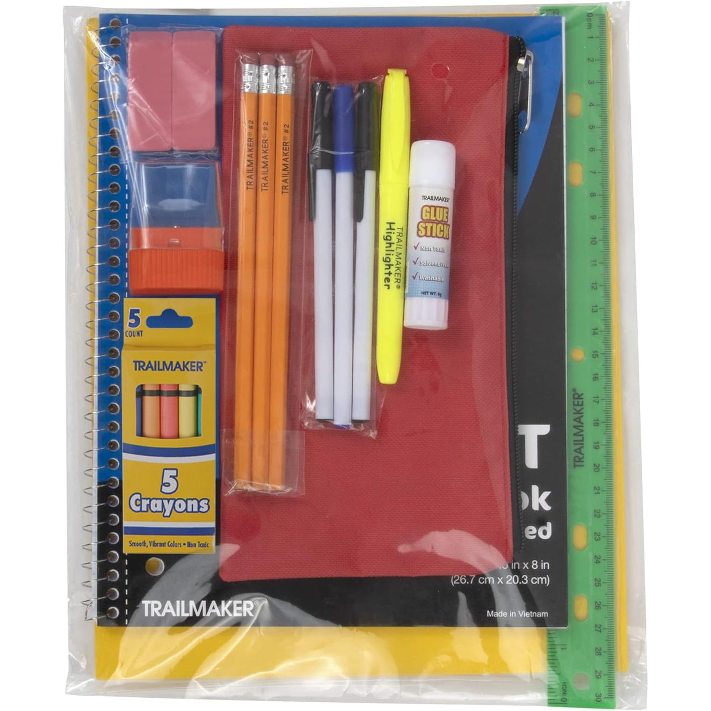Trail maker 24 Pack Bulk Back to School Supplies for Kids | 20 Piece School Supply Kits in Bulk for Kindergarten, Elementary, K-12 with Notebook, Crayons, Pencils, and More