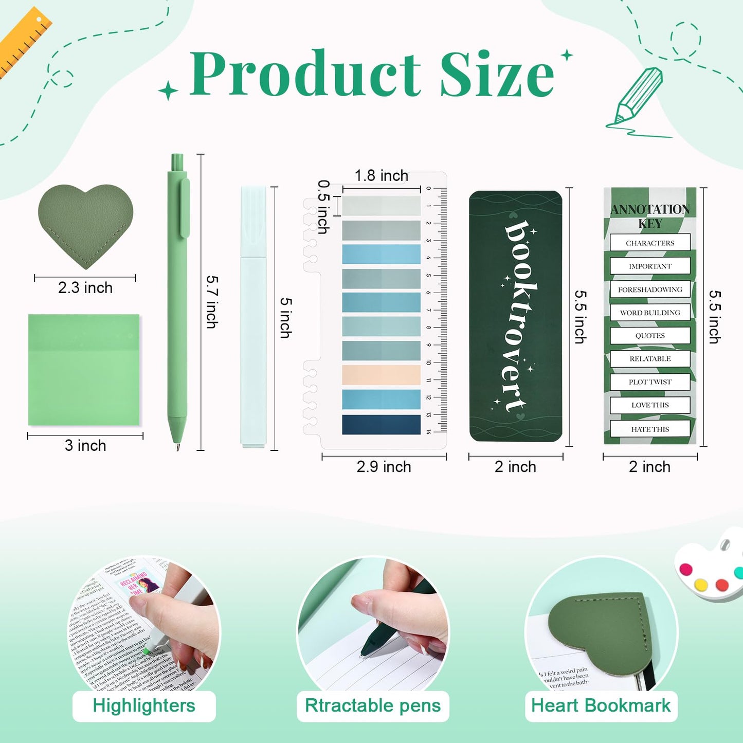 14 PCS Aesthetic Book Annotation Kit Large Checkered Pencil Case Book Lover Bookmark Dual Highlighters Gel Pens Study Supplies Stationary Set for Student Green