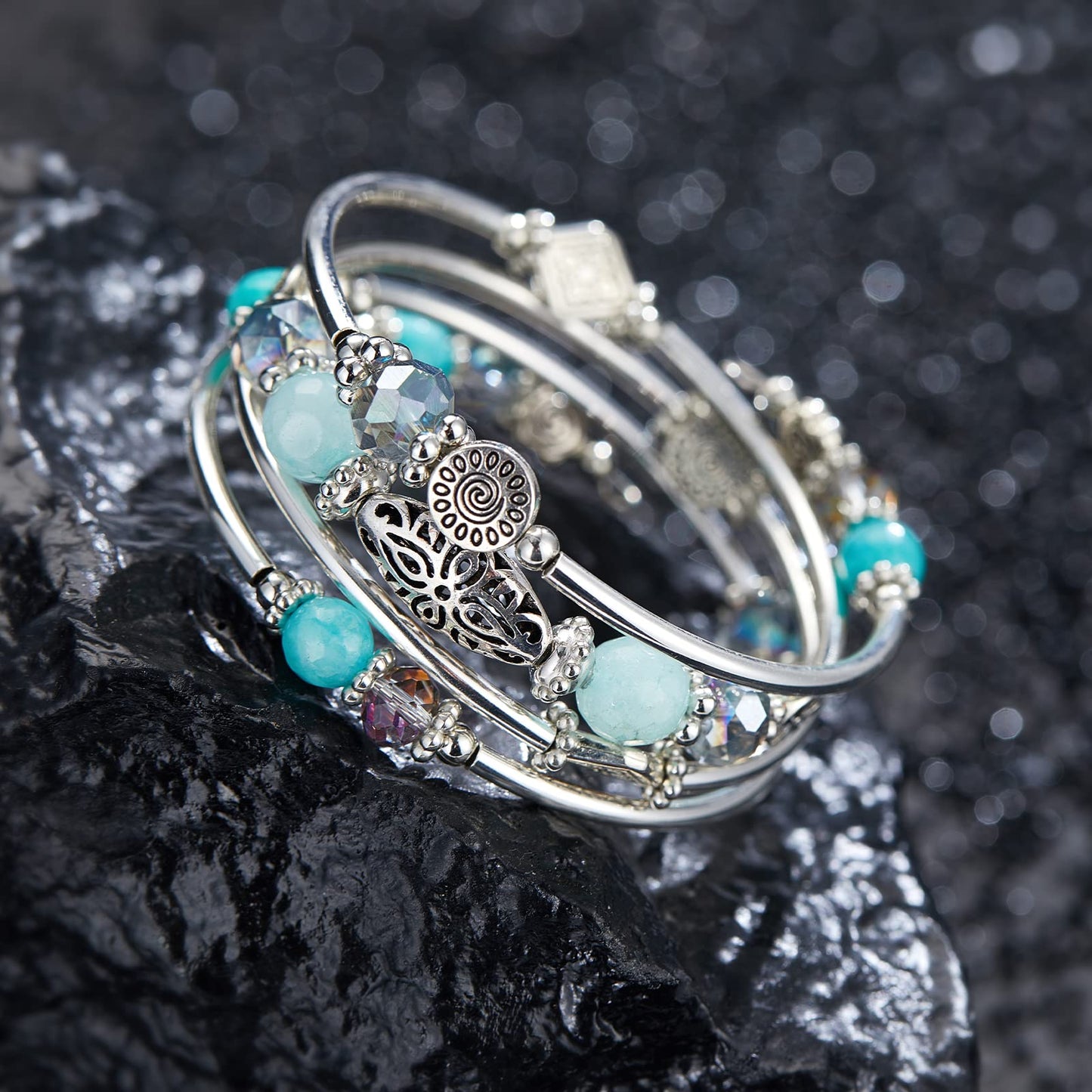 FULU AUTUMN Stackable Beaded Bracelets for Women Boho Wrap Silver Bracelet Layered Fashion Jewelry Gifts for Her(Turquoise)